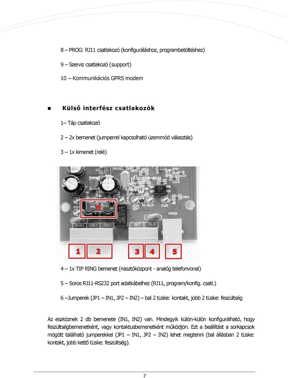 csatl.) 6 Jumperek (JP1 IN1, JP2 IN2) bal 2 tüske: kontakt, jobb 2 tüske: feszültség Az eszköznek 2 db bemenete (IN1, IN2) van.