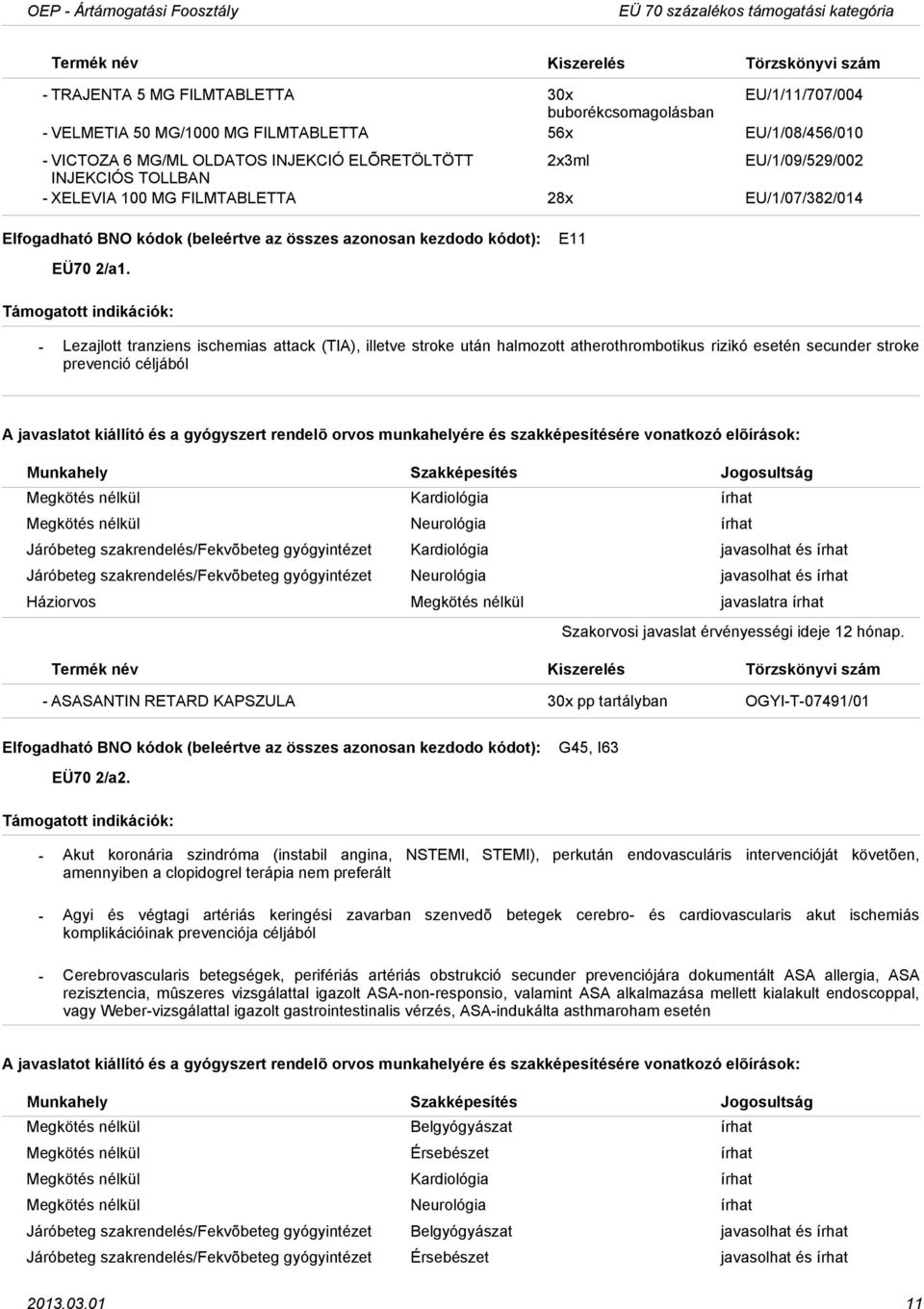 E11 Lezajlott tranziens ischemias attack (TIA), illetve stroke után halmozott atherothrombotikus rizikó esetén secunder stroke prevenció céljából Megkötés nélkül Kardiológia írhat Megkötés nélkül