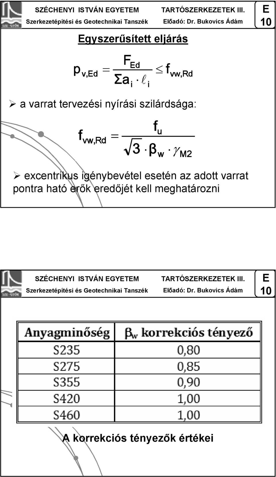 szilárdsága: vw, Rd 3 β u w γ excenrikus igényevéel eseén az ado varra ponra haó