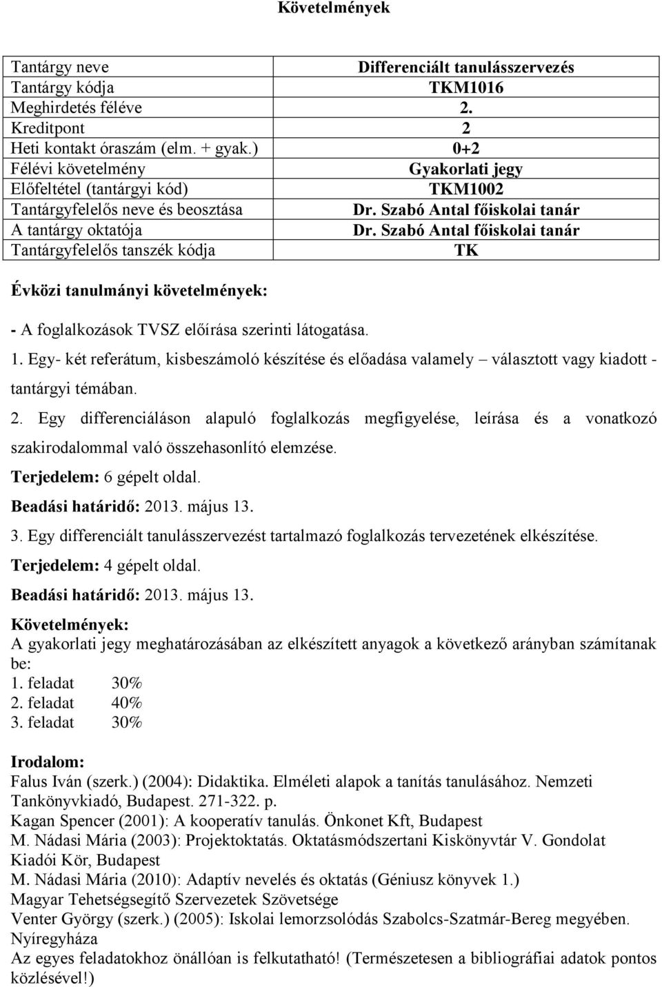 Egy differenciáláson alapuló foglalkozás megfigyelése, leírása és a vonatkozó szakirodalommal való összehasonlító elemzése. Terjedelem: 6 gépelt oldal. Beadási határidő: 2013. május 13. 3.