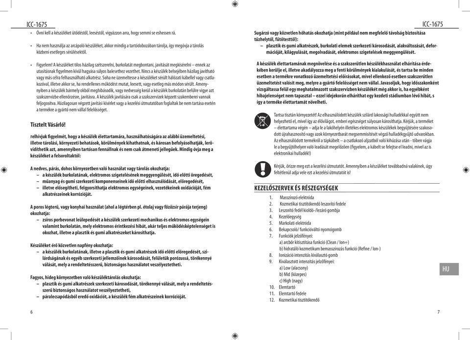 A készüléket tilos házilag szétszerelni, burkolatát megbontani, javítását megkísérelni ennek az utasításnak figyelmen kívül hagyása súlyos balesethez vezethet.