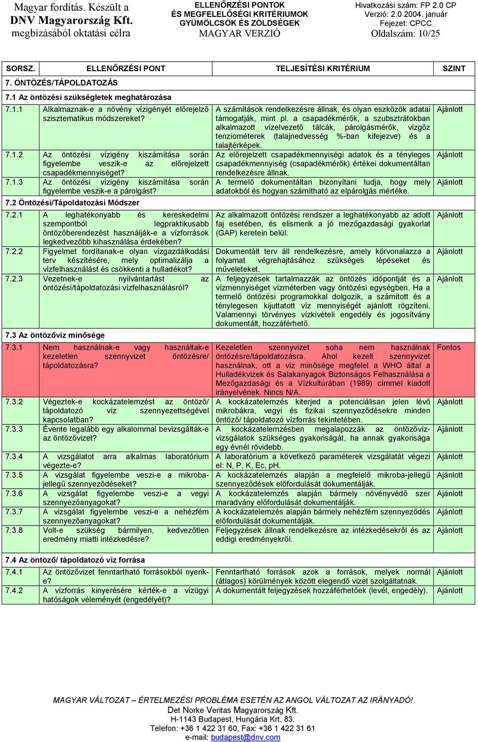 Öntözési/Tápoldatozási Módszer 7.2.1 A leghatékonyabb és kereskedelmi szempontból legpraktikusabb öntözőberendezést használják-e a vízforrások legkedvezőbb kihasználása érdekében? 7.2.2 Figyelmet fordítanak-e olyan vízgazdálkodási terv készítésére, mely optimalizálja a vízfelhasználást és csökkenti a hulladékot?