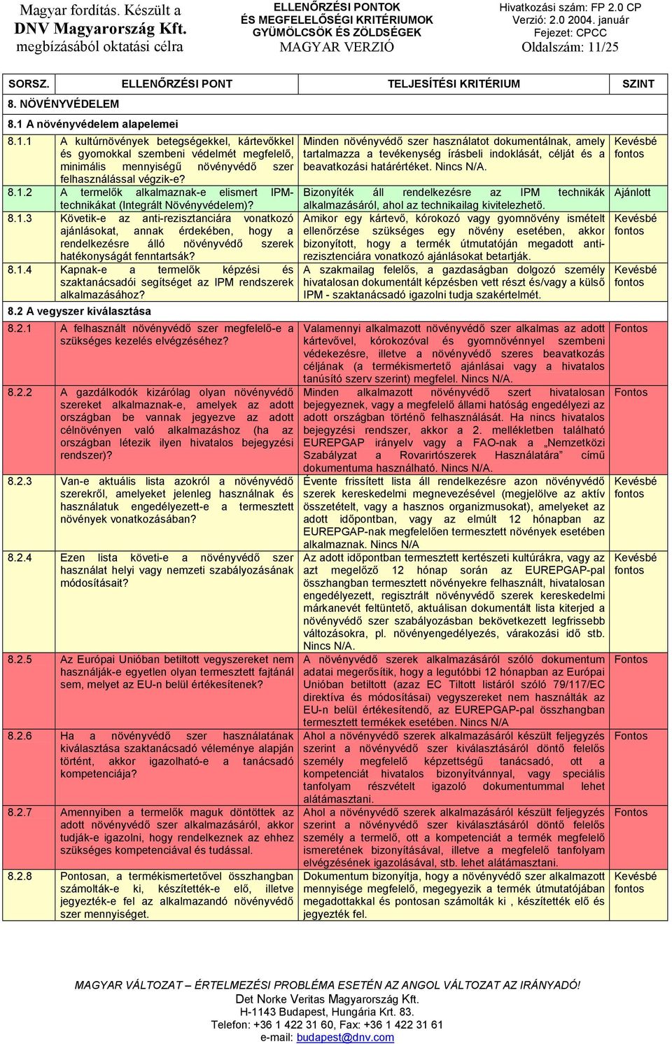 8.1.4 Kapnak-e a termelők képzési és szaktanácsadói segítséget az IPM rendszerek alkalmazásához? 8.2 A vegyszer kiválasztása 8.2.1 A felhasznált növényvédő szer megfelelő-e a szükséges kezelés elvégzéséhez?