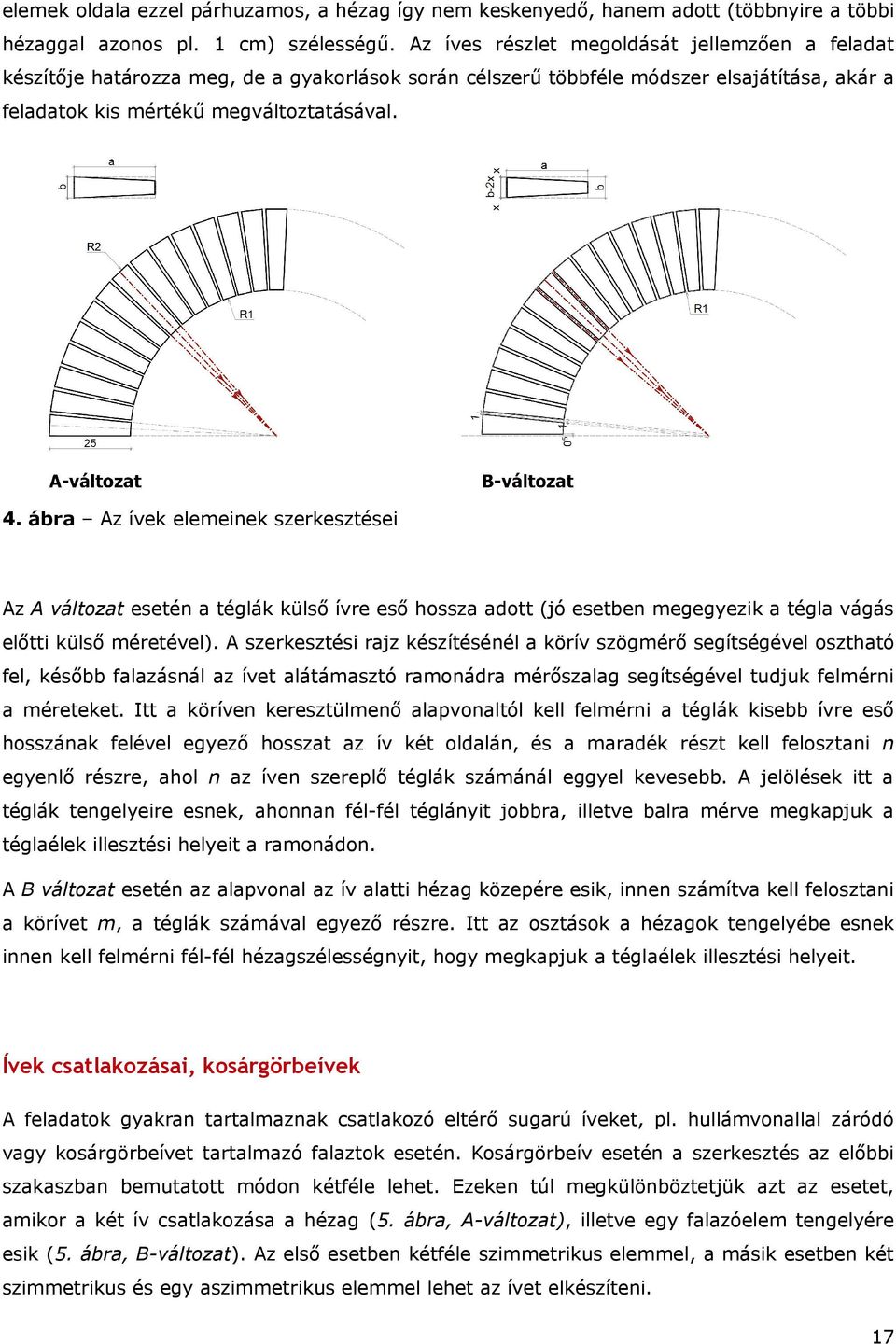 ábra Az ívek eleeinek szerkesztései Az A változat esetén a téglák külső ívre eső hossza adott (jó esetben egegyezik a tégla vágás előtti külső éretével).