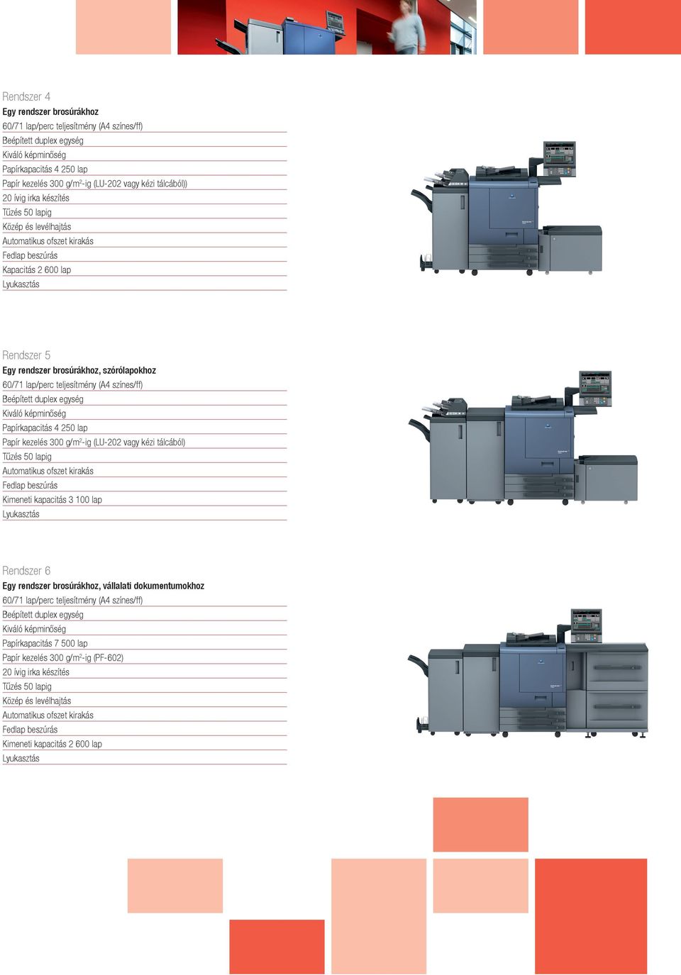 lap/perc teljesítmény (A4 színes/ff) Beépített duplex egység Kiváló képminőség Papírkapacitás 4 250 lap Papír kezelés 300 g/m 2 -ig (LU-202 vagy kézi tálcából) Tűzés 50 lapig Automatikus ofszet