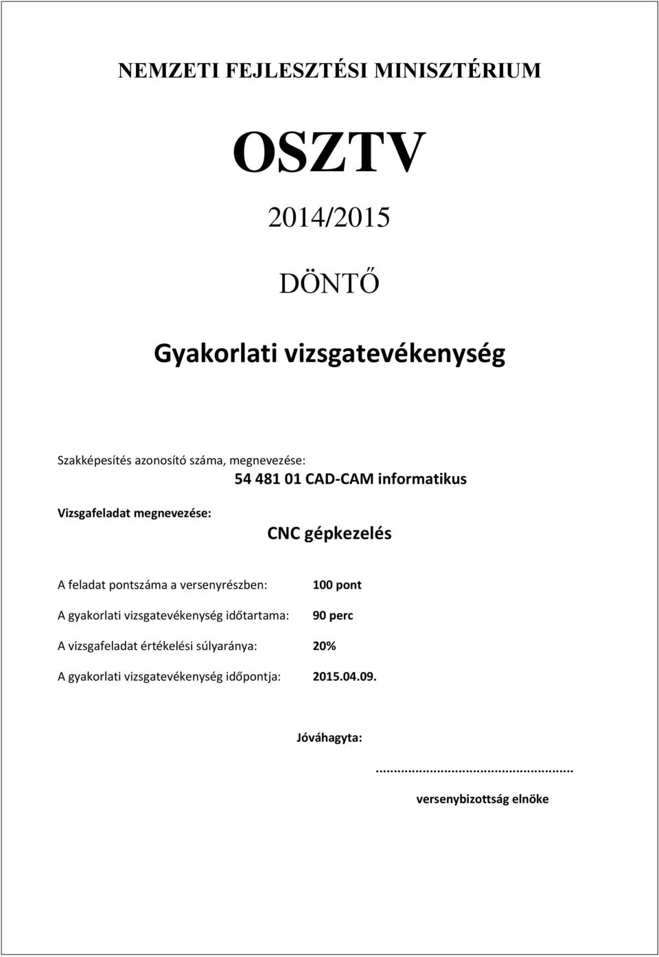 pontszáma a versenyrészben: 100 pont A gyakorlati vizsgatevékenység időtartama: 90 perc A vizsgafeladat