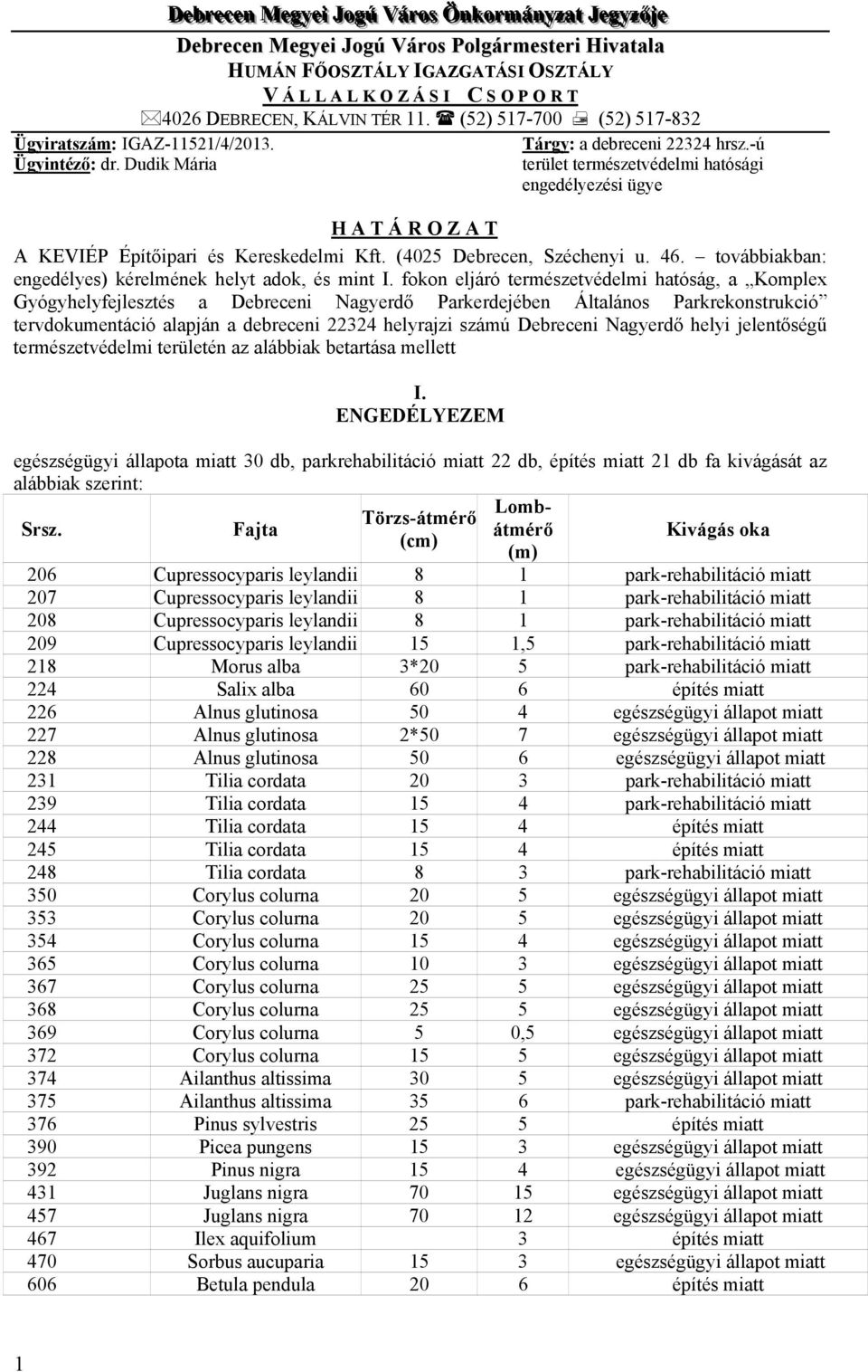 Dudik Mária terület természetvédelmi hatósági engedélyezési ügye H A T Á R O Z A T A KEVIÉP Építőipari és Kereskedelmi Kft. (4025 Debrecen, Széchenyi u. 46.