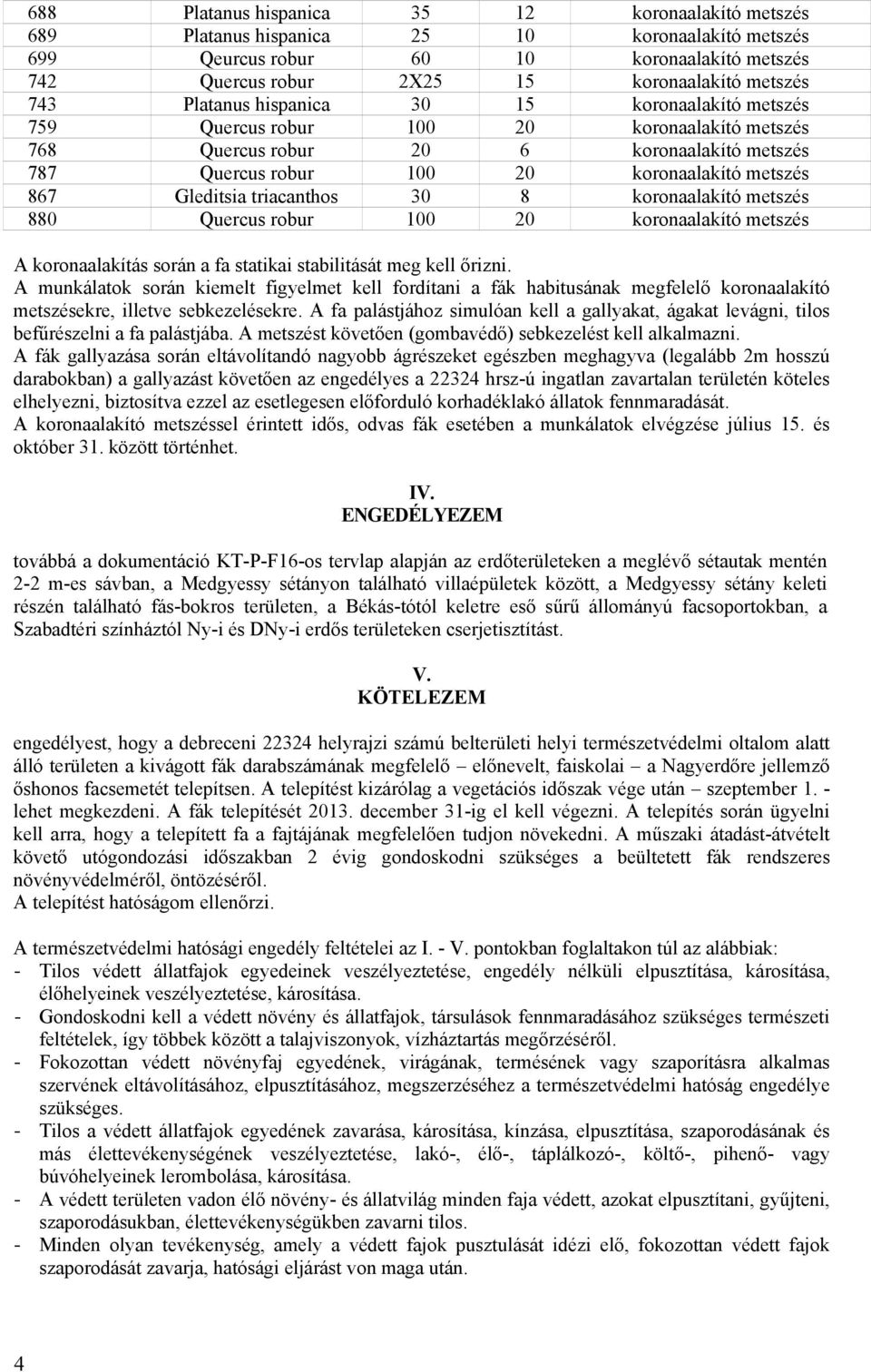 triacanthos 30 8 koronaalakító metszés 880 Quercus robur 100 20 koronaalakító metszés A koronaalakítás során a fa statikai stabilitását meg kell őrizni.