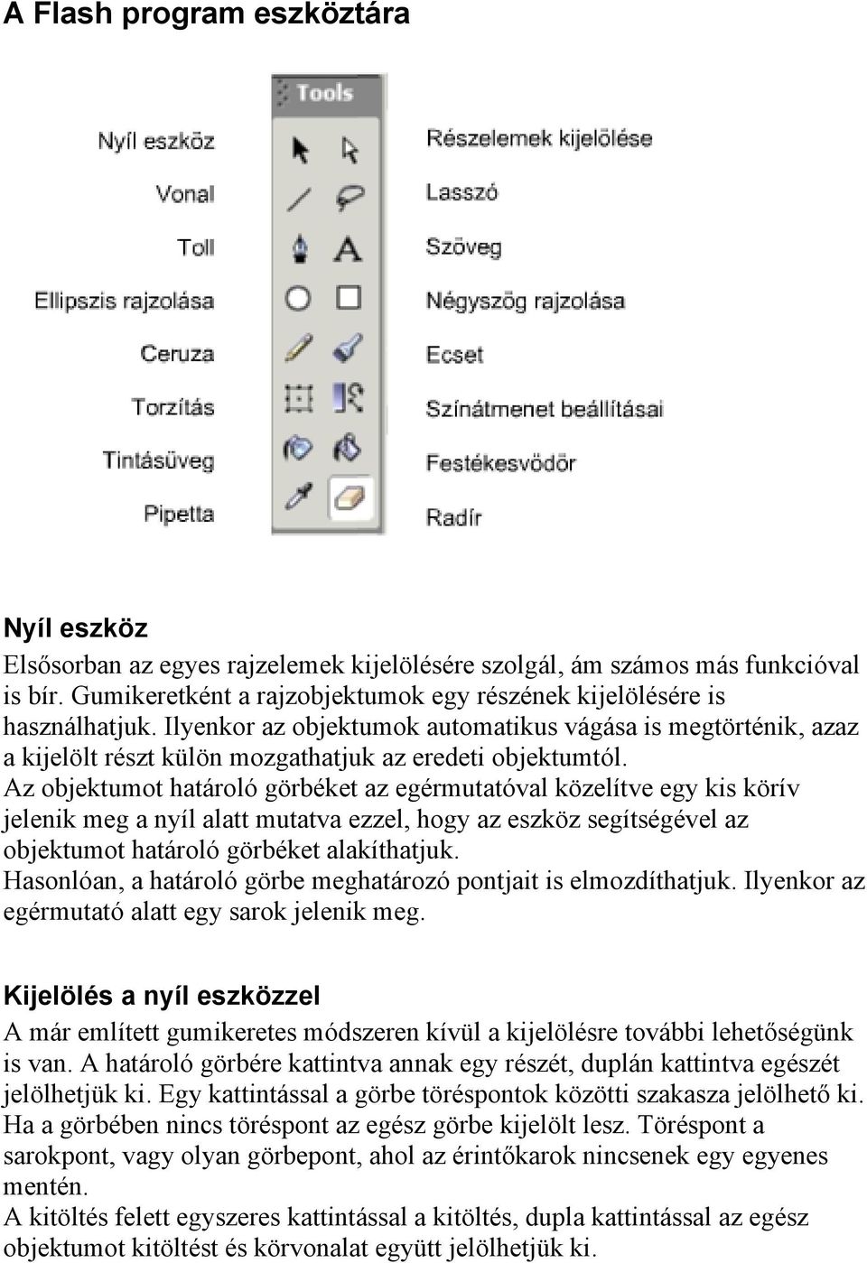 Az objektumot határoló görbéket az egérmutatóval közelítve egy kis körív jelenik meg a nyíl alatt mutatva ezzel, hogy az eszköz segítségével az objektumot határoló görbéket alakíthatjuk.