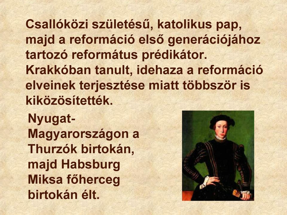 Krakkóban tanult, idehaza a reformáció elveinek terjesztése miatt