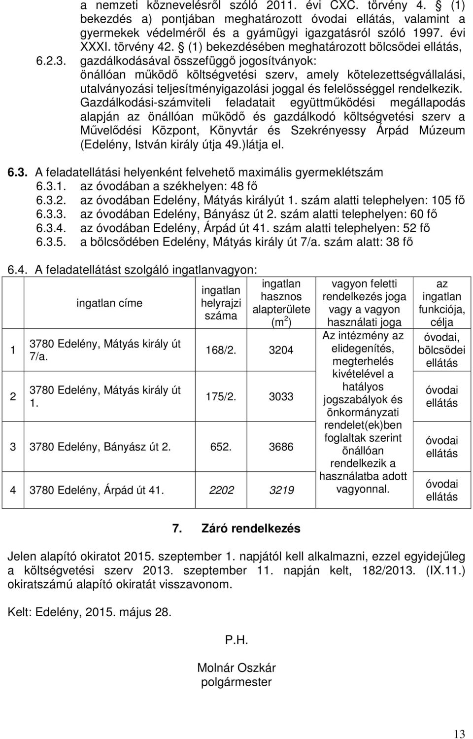 gazdálkodásával összefüggő jogosítványok: önállóan működő költségvetési szerv, amely kötelezettségvállalási, utalványozási teljesítményigazolási joggal és felelősséggel rendelkezik.