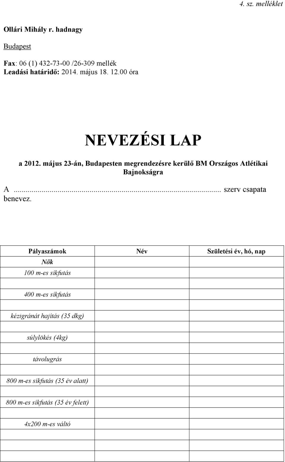 május 23-án, Budapesten megrendezésre kerülő BM Országos Atlétikai Bajnokságra A... szerv csapata benevez.