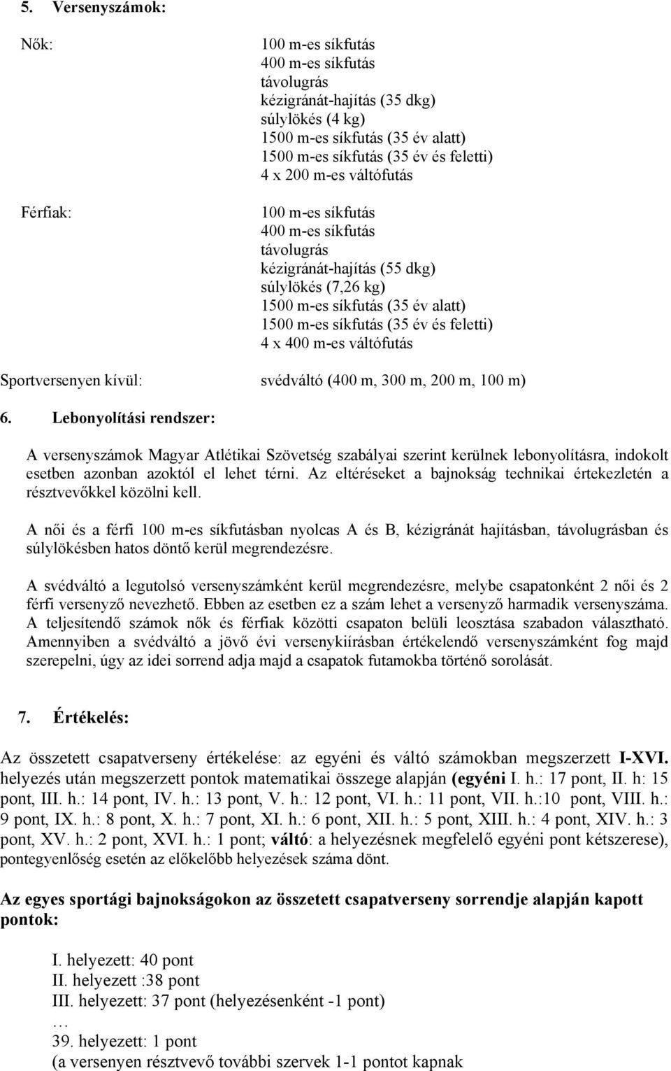 váltófutás Sportversenyen kívül: svédváltó (400 m, 300 m, 200 m, 100 m) 6.