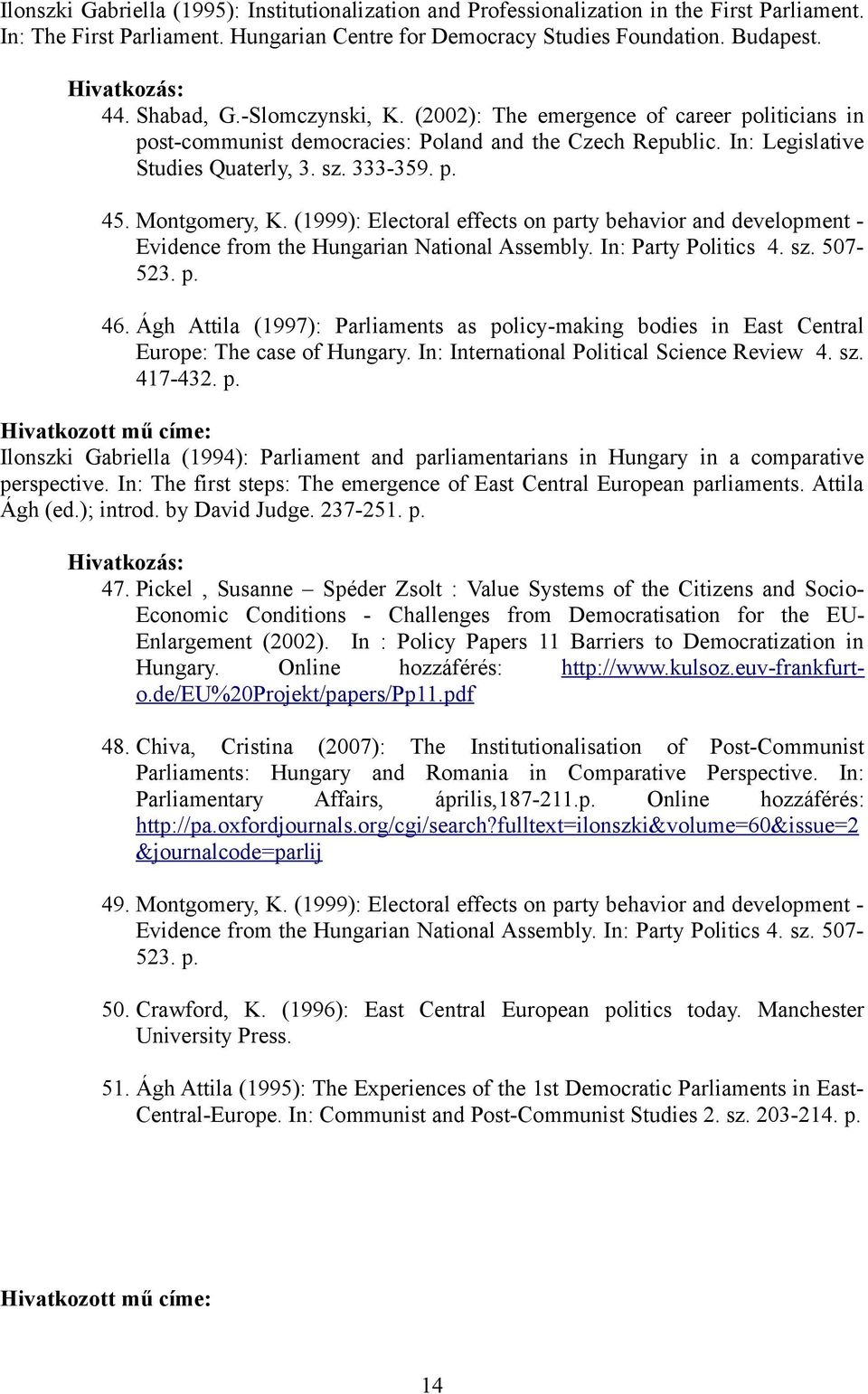 (1999): Electoral effects on party behavior and development - Evidence from the Hungarian National Assembly. In: Party Politics 4. sz. 507-523. p. 46.