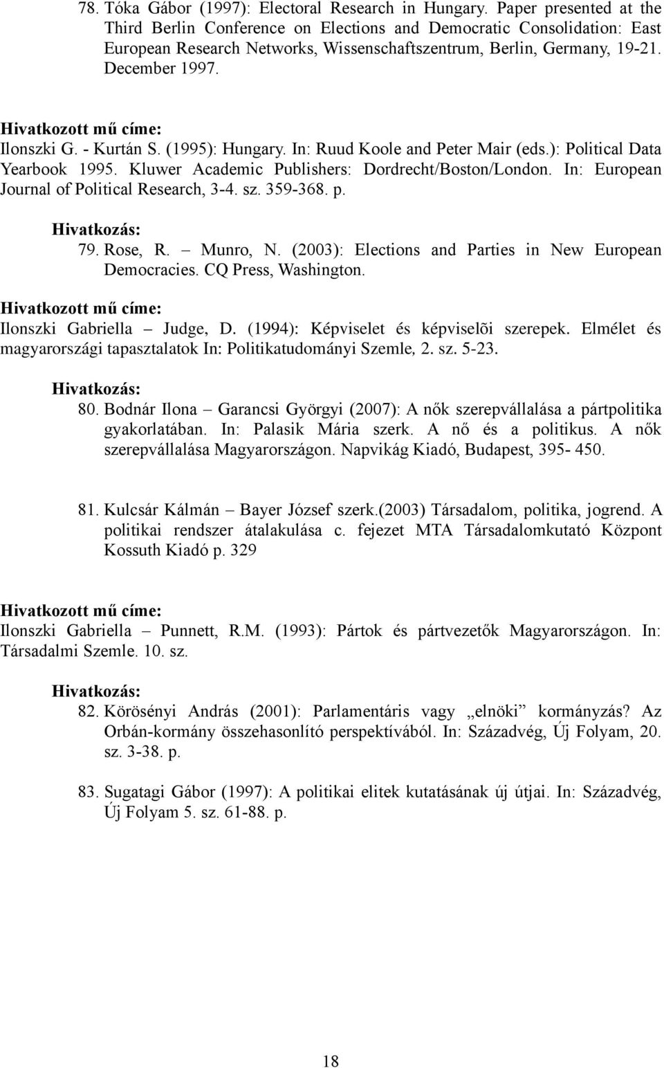 - Kurtán S. (1995): Hungary. In: Ruud Koole and Peter Mair (eds.): Political Data Yearbook 1995. Kluwer Academic Publishers: Dordrecht/Boston/London. In: European Journal of Political Research, 3-4.