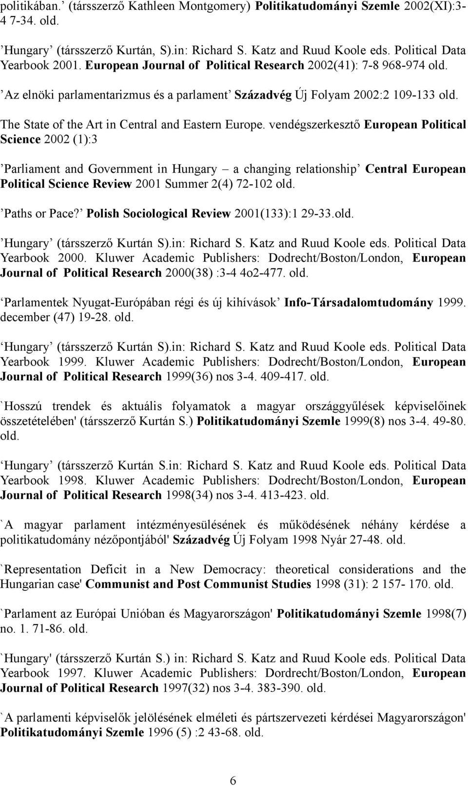 vendégszerkesztő European Political Science 2002 (1):3 Parliament and Government in Hungary a changing relationship Central European Political Science Review 2001 Summer 2(4) 72-102 old.