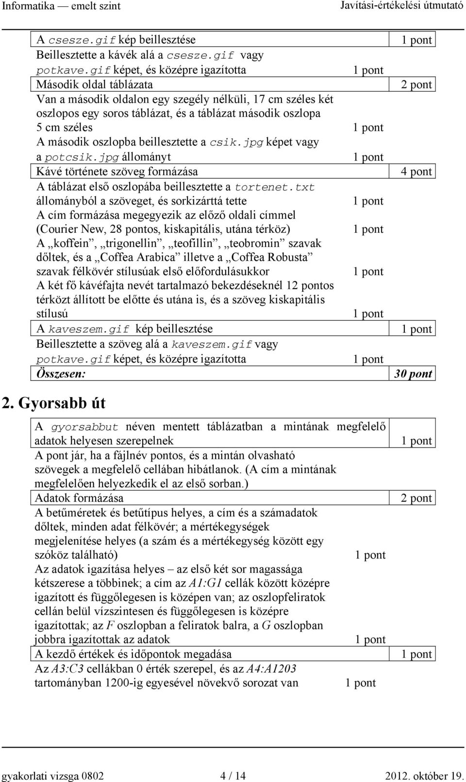 oszlopba beillesztette a csik.jpg képet vagy a potcsik.jpg állományt Kávé története szöveg formázása A táblázat első oszlopába beillesztette a tortenet.