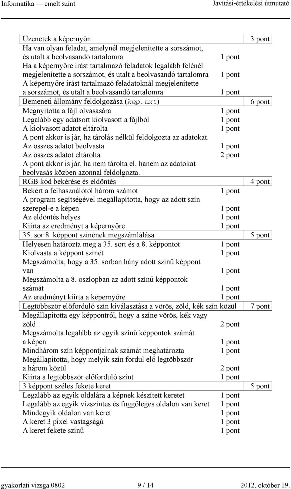 txt) Megnyitotta a fájl olvasására Legalább egy adatsort kiolvasott a fájlból A kiolvasott adatot eltárolta A pont akkor is jár, ha tárolás nélkül feldolgozta az adatokat.