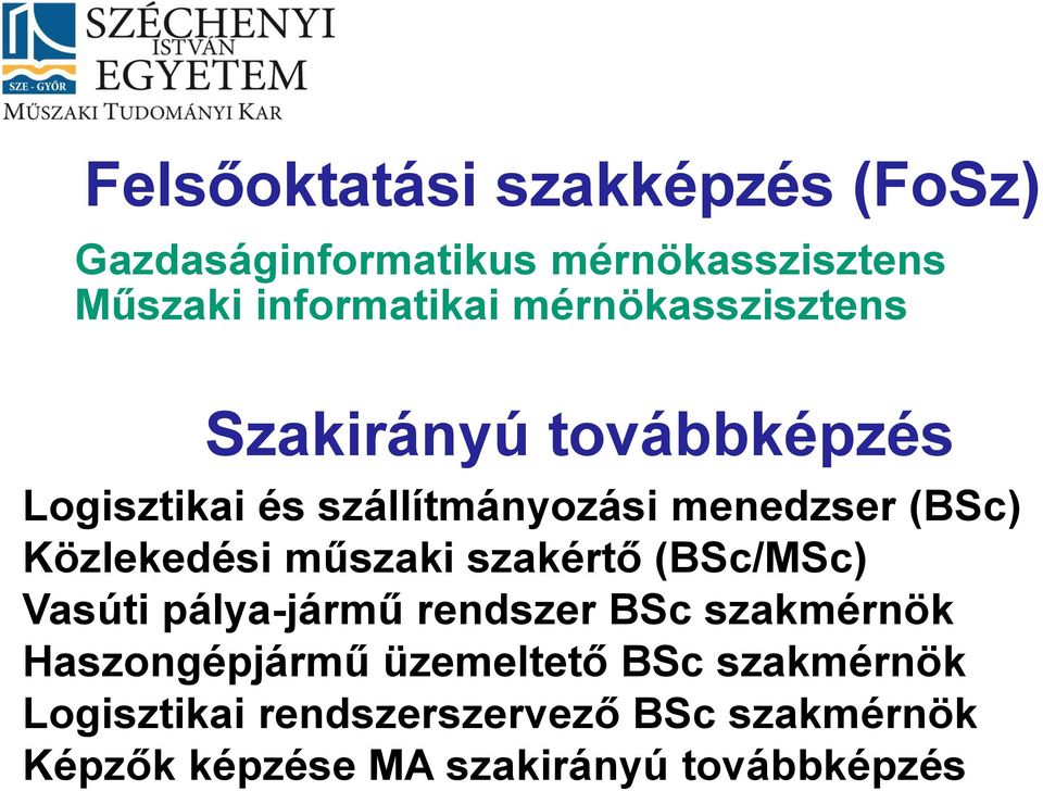 Közlekedési műszaki szakértő (BSc/MSc) Vasúti pálya-jármű rendszer BSc szakmérnök Haszongépjármű