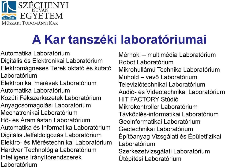 Laboratórium SzerkezetvizsgálatiLaboratórium LaboratóriumÚtépítési AutomatikaLaboratórium LaboratóriumElektronikaiésDigitális kutatóésoktatóterekelektromágneses Laboratórium