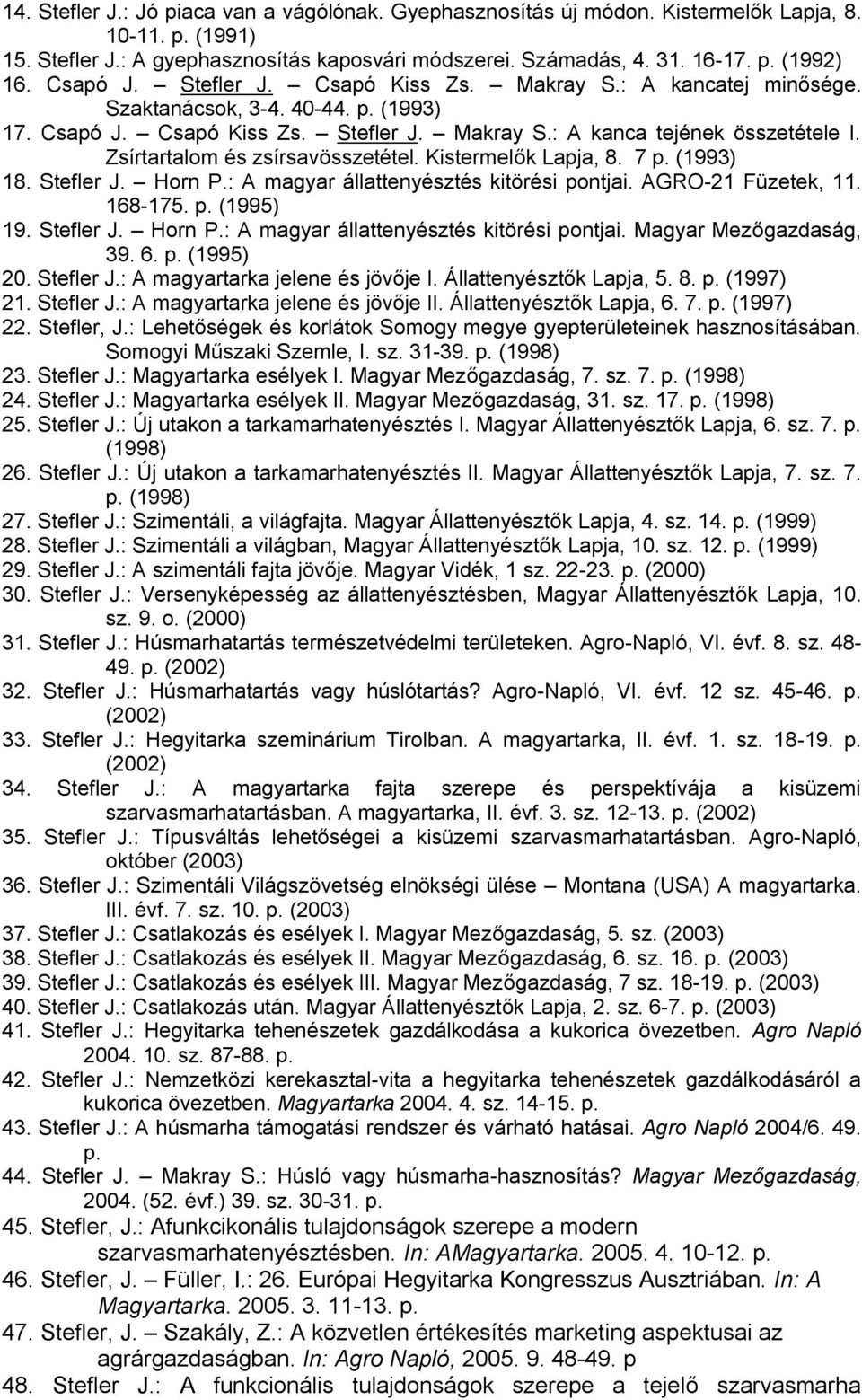 Zsírtartalom és zsírsavösszetétel. Kistermelők Lapja, 8. 7 p. (1993) 18. Stefler J. Horn P.: A magyar állattenyésztés kitörési pontjai. AGRO-21 Füzetek, 11. 168-175. p. (1995) 19. Stefler J. Horn P.: A magyar állattenyésztés kitörési pontjai. Magyar Mezőgazdaság, 39.