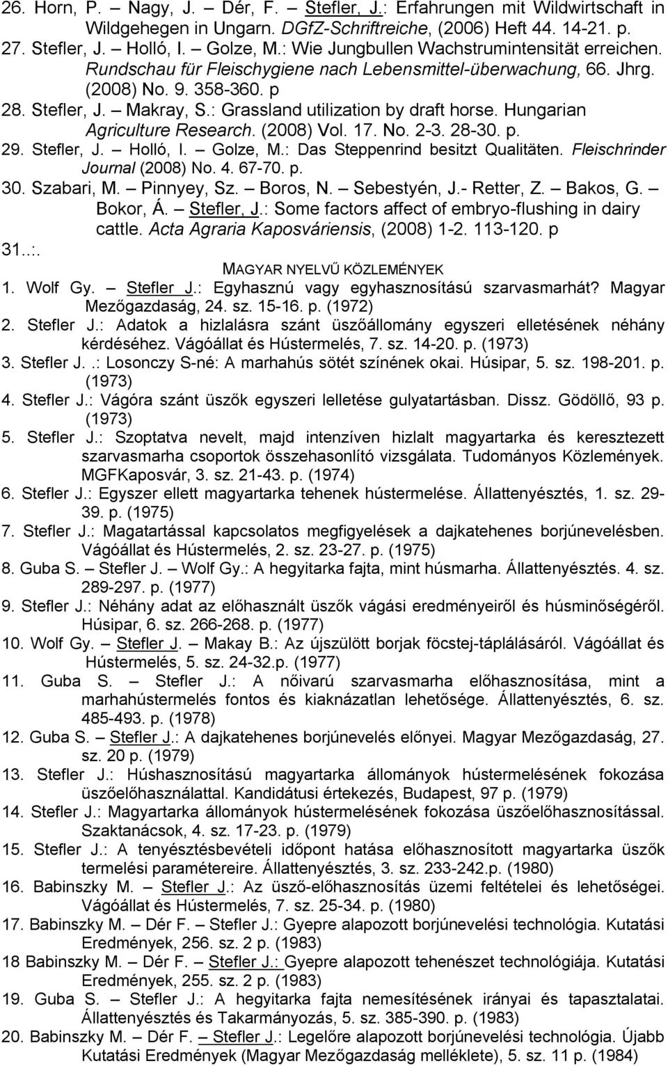 : Grassland utilization by draft horse. Hungarian Agriculture Research. (2008) Vol. 17. No. 2-3. 28-30. p. 29. Stefler, J. Holló, I. Golze, M.: Das Steppenrind besitzt Qualitäten.
