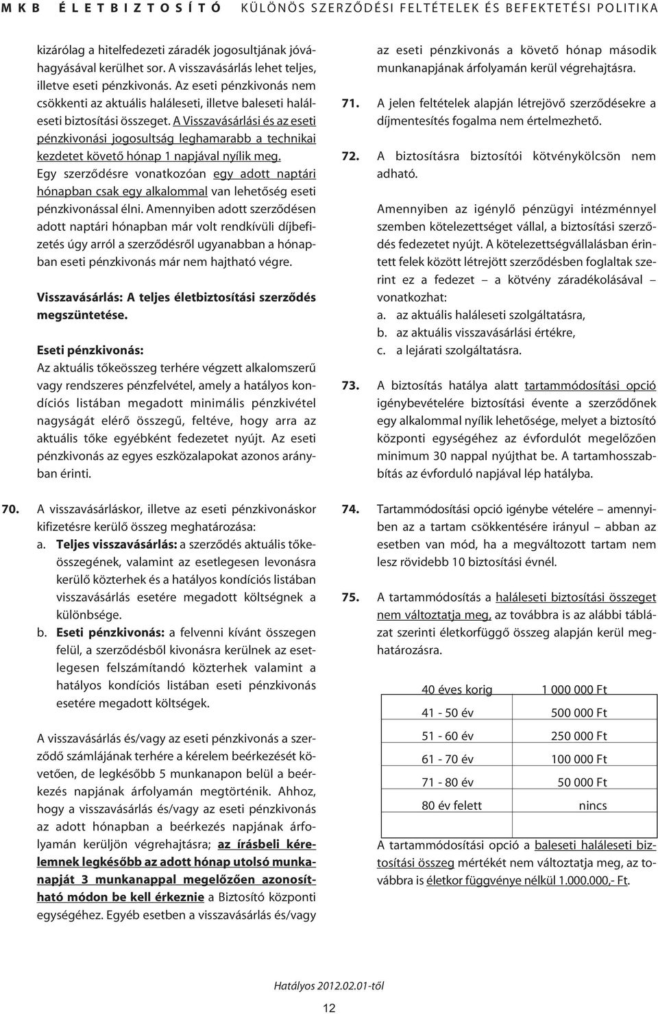 A Visszavásárlási és az eseti pénzkivonási jogosultság leghamarabb a technikai kezdetet követô hónap 1 napjával nyílik meg.