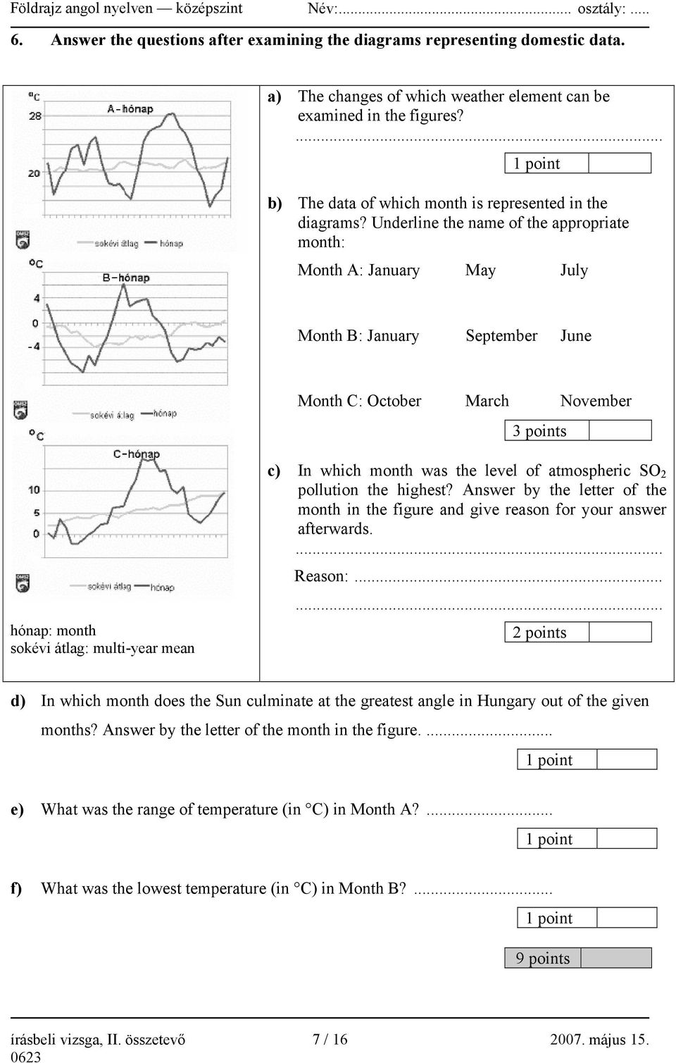 Underline the name of the appropriate month: Month A: January May July Month B: January September June Month C: October March November 3 points hónap: month sokévi átlag: multi-year mean c) In which