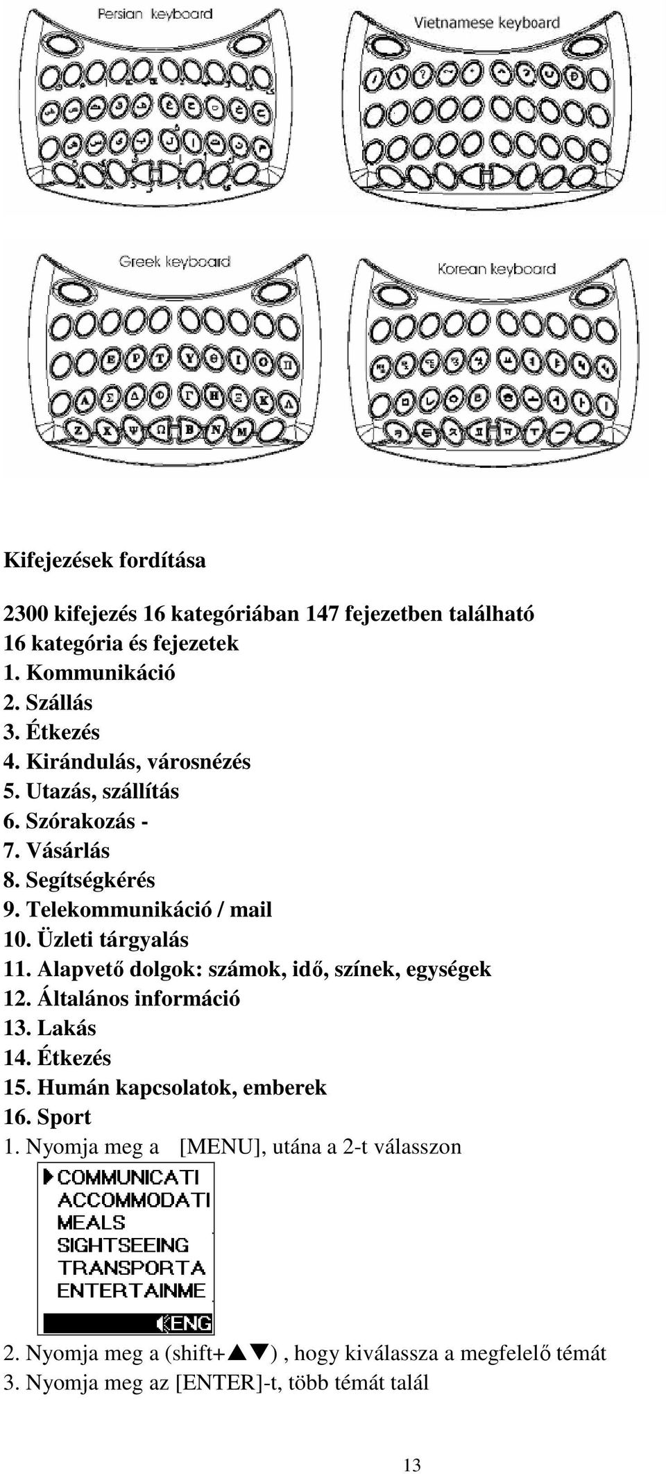 Alapvetı dolgok: számok, idı, színek, egységek 12. Általános információ 13. Lakás 14. Étkezés 15. Humán kapcsolatok, emberek 16. Sport 1.