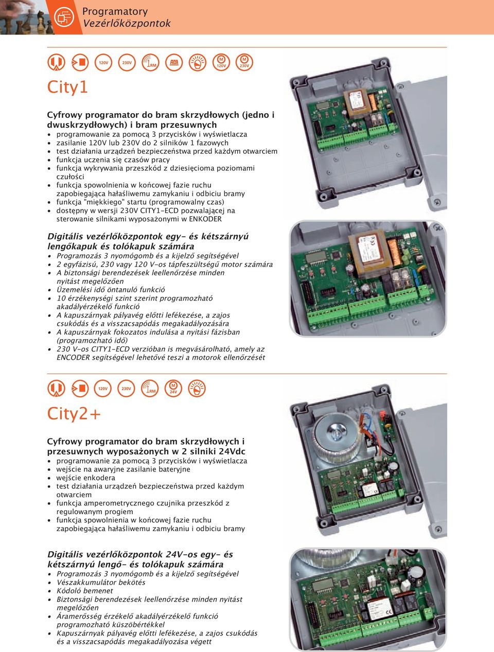 czas) dostępny w wersji 230V CITY1-ECD pozwalającej na sterowanie silnikami wyposa onymi w ENKODER Digitális vezérlőközpontok egy- és kétszárnyú lengőkapuk és tolókapuk 2 egyfázisú, 230 vagy 120 V-os