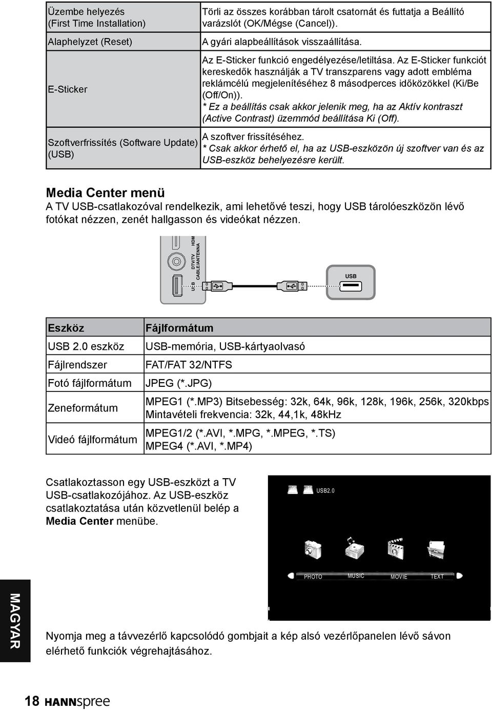 Az E-Sticker funkciót kereskedők használják a TV transzparens vagy adott embléma reklámcélú megjelenítéséhez 8 másodperces időközökkel (Ki/Be (Off/On)).
