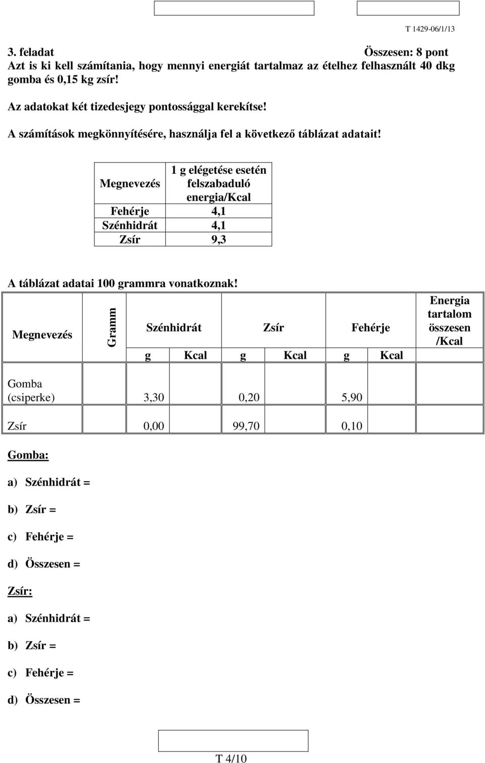 1 g elégetése esetén Megnevezés felszabaduló energia/kcal Fehérje 4,1 Szénhidrát 4,1 Zsír 9,3 A táblázat adatai 100 grammra vonatkoznak!