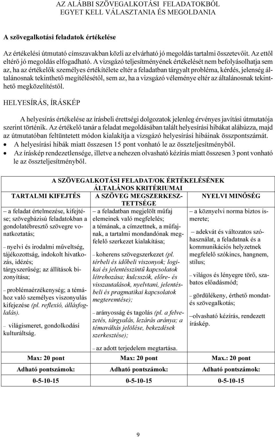 A vizsgázó teljesítményének értékelését nem befolyásolhatja sem az, ha az értékelők személyes értékítélete eltér a feladatban tárgyalt probléma, kérdés, jelenség általánosnak tekinthető