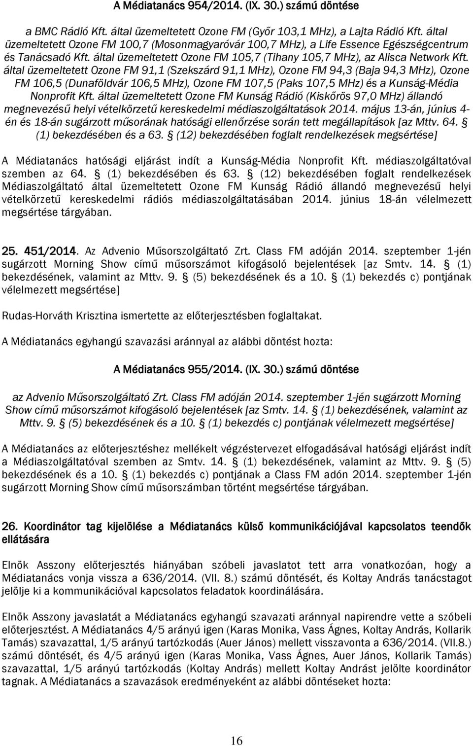 által üzemeltetett Ozone FM 91,1 (Szekszárd 91,1 MHz), Ozone FM 94,3 (Baja 94,3 MHz), Ozone FM 106,5 (Dunaföldvár 106,5 MHz), Ozone FM 107,5 (Paks 107,5 MHz) és a Kunság-Média Nonprofit Kft.