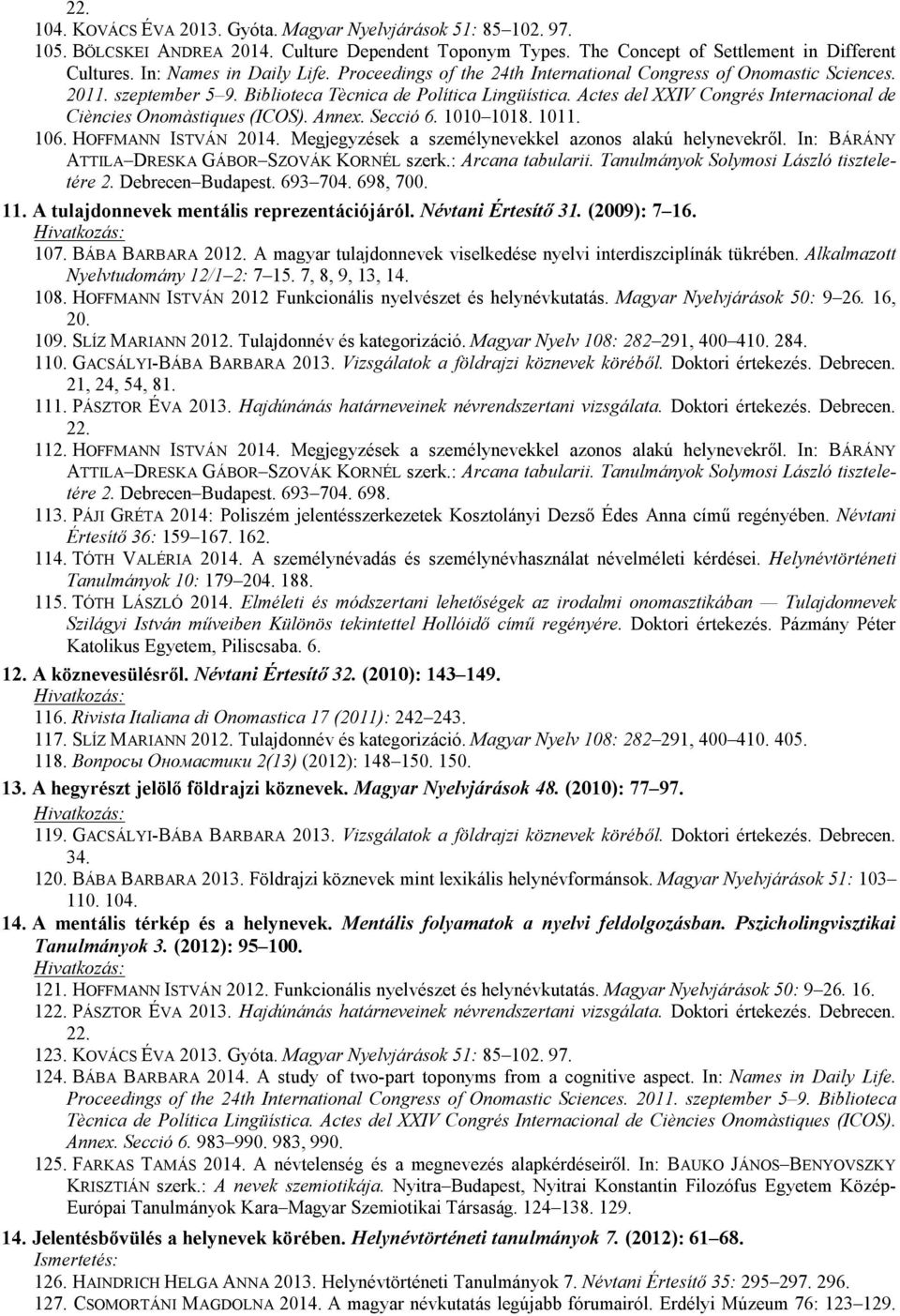 Actes del XXIV Congrés Internacional de Ciències Onomàstiques (ICOS). Annex. Secció 6. 1010 1018. 1011. 106. HOFFMANN ISTVÁN 2014. Megjegyzések a személynevekkel azonos alakú helynevekről.