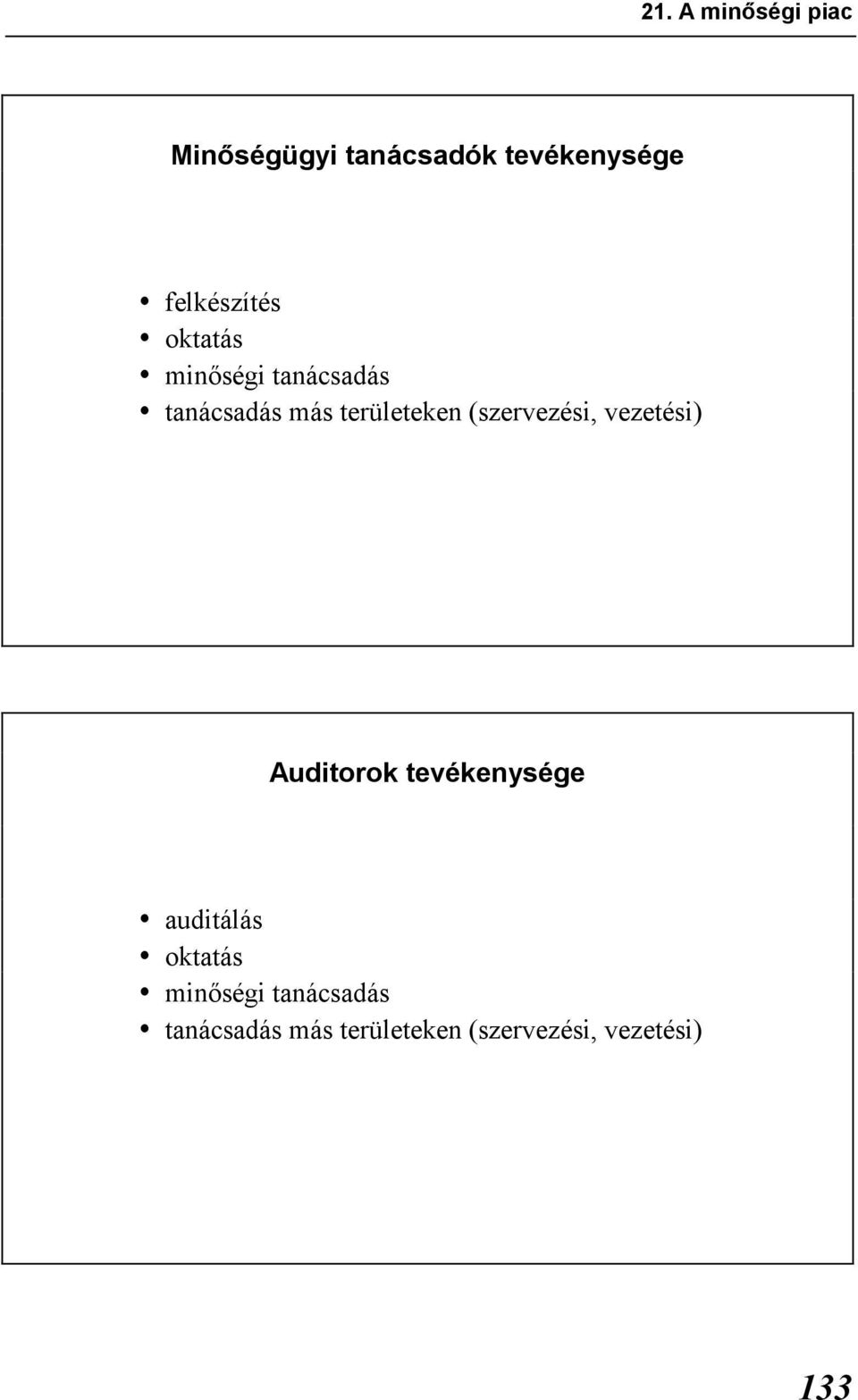 területeken (szervezési, vezetési) Auditorok tevékenysége