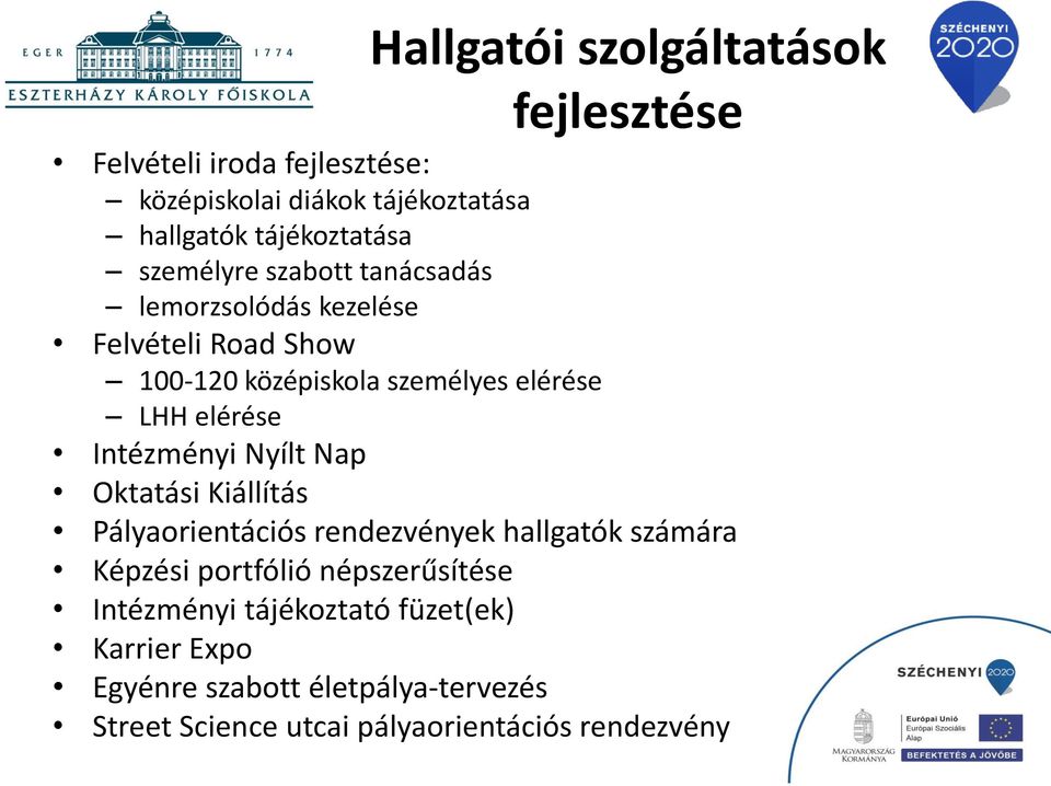 Intézményi Nyílt Nap Oktatási Kiállítás Pályaorientációs rendezvények hallgatók számára Képzési portfólió népszerűsítése