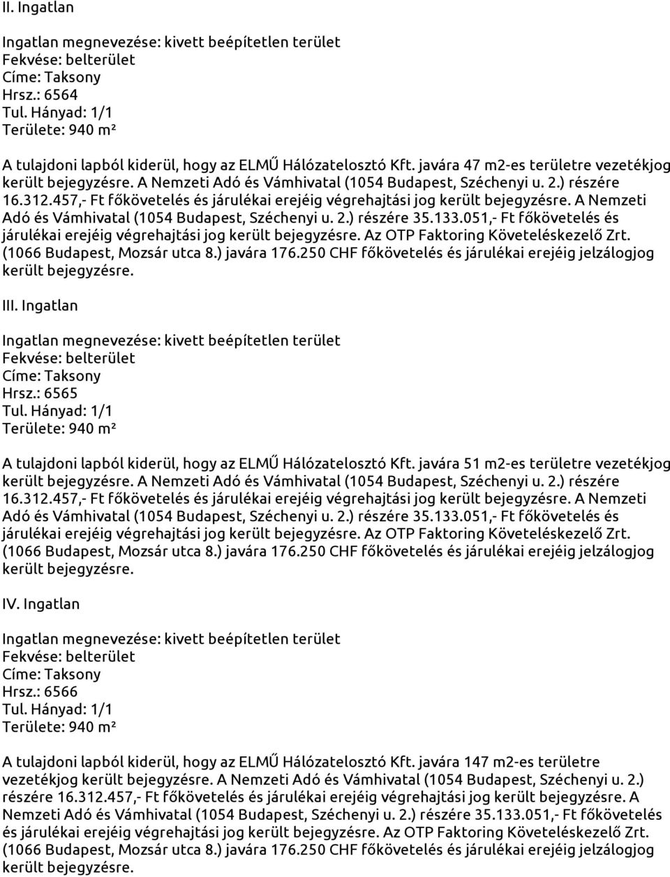 051,- Ft főkövetelés és járulékai erejéig végrehajtási jog Az OTP Faktoring Követeléskezelő Zrt. III. Ingatlan Hrsz.: 6565 A tulajdoni lapból kiderül, hogy az ELMŰ Hálózatelosztó Kft.