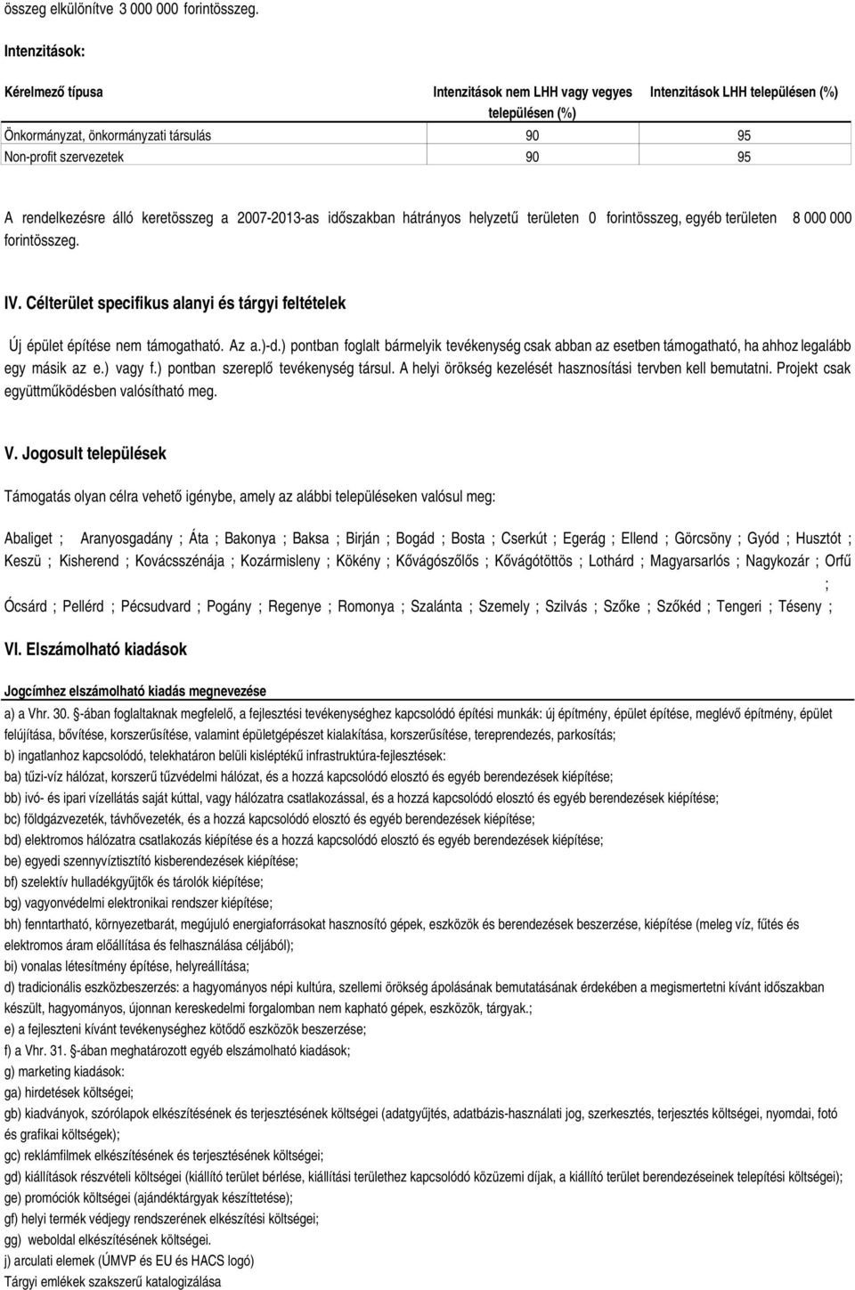 rendelkezésre álló keretösszeg a 2007-2013-as időszakban hátrányos helyzetű területen 0 forintösszeg, egyéb területen 8 000 000 forintösszeg. IV.