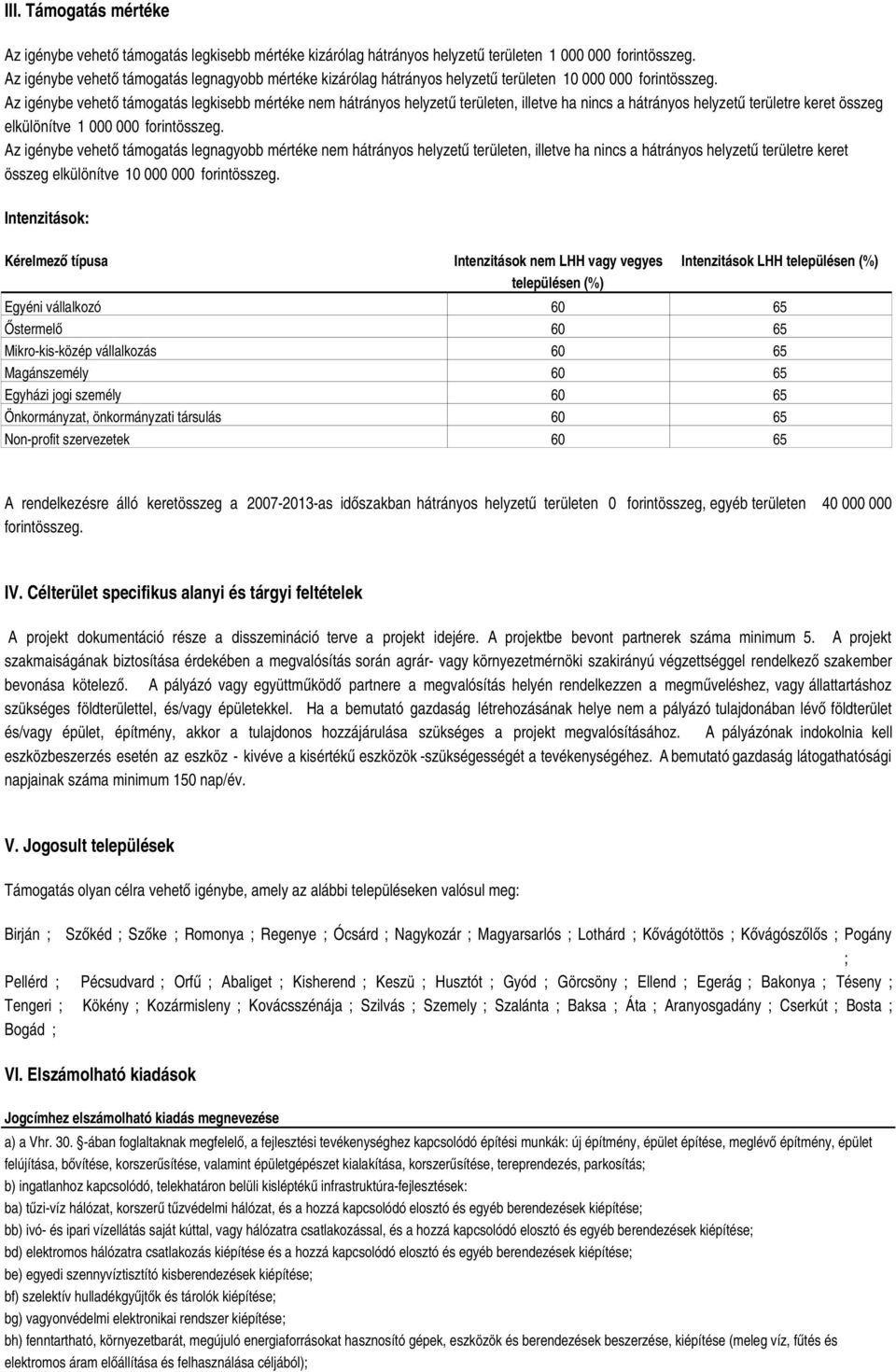 Az igénybe vehető támogatás legkisebb mértéke nem hátrányos helyzetű területen, illetve ha nincs a hátrányos helyzetű területre keret összeg elkülönítve 1 000 000 forintösszeg.