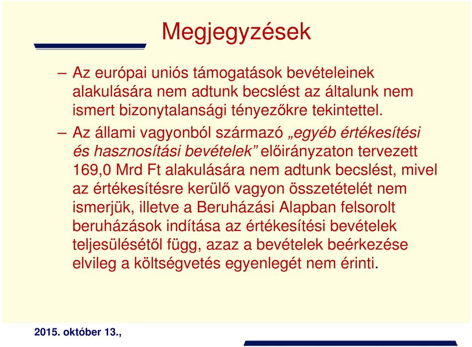 Az állami vagyonból származó egyéb értékesítési és hasznosítási bevételek előirányzaton tervezett 169,0 Mrd Ft alakulására nem adtunk