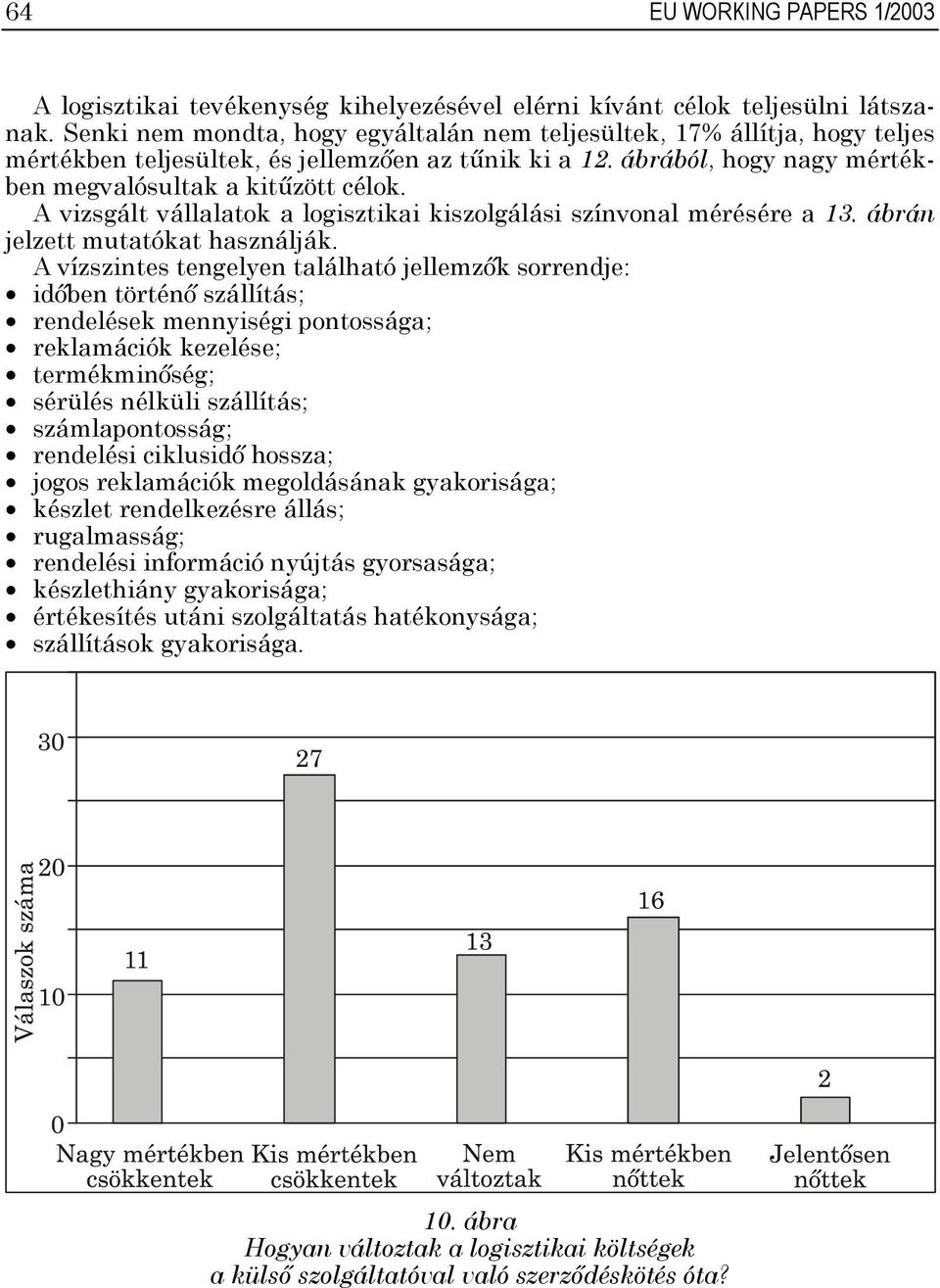 A vizsgált vállalatok a logisztikai kiszolgálási színvonal mérésére a 13. ábrán jelzett mutatókat használják.