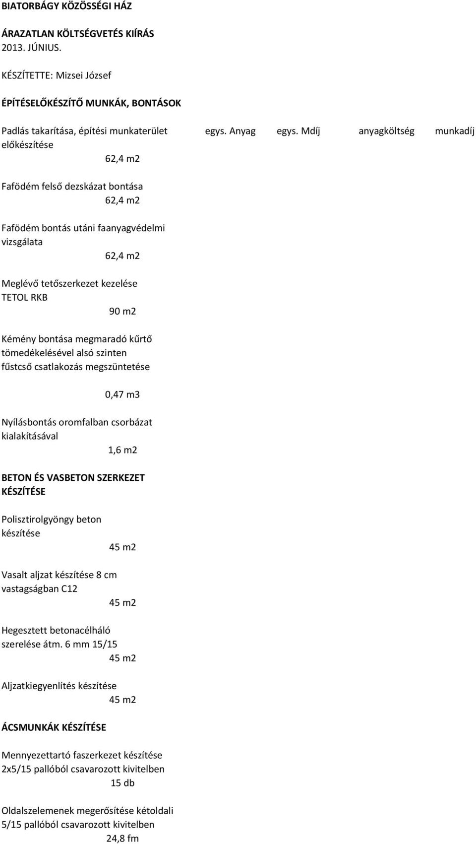 bontása megmaradó kűrtő tömedékelésével alsó szinten fűstcső csatlakozás megszüntetése 0,47 m3 Nyílásbontás oromfalban csorbázat kialakításával 1,6 m2 BETON ÉS VASBETON SZERKEZET KÉSZÍTÉSE