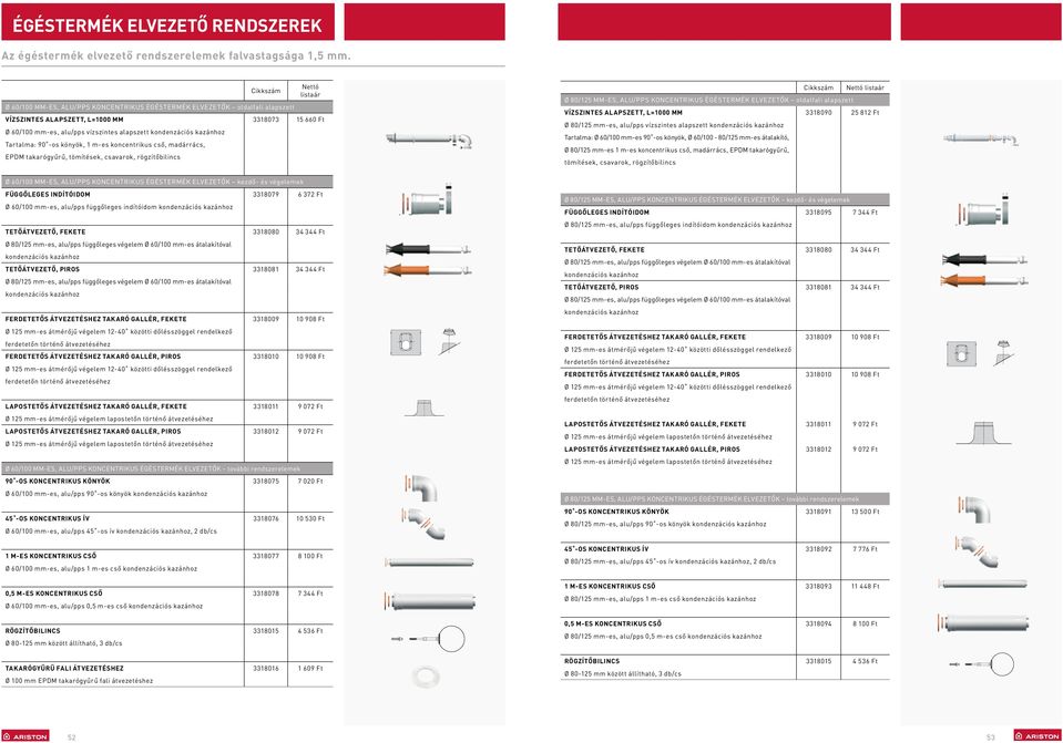 kondenzációs kazánhoz Tartalma: 90 -os könyök, 1 m-es koncentrikus cső, madárrács, EPDM takarógyűrű, tömítések, csavarok, rögzítőbilincs Cikkszám Nettó listaár Ø 80/125 MM-ES, ALU/PPS KONCENTRIKUS