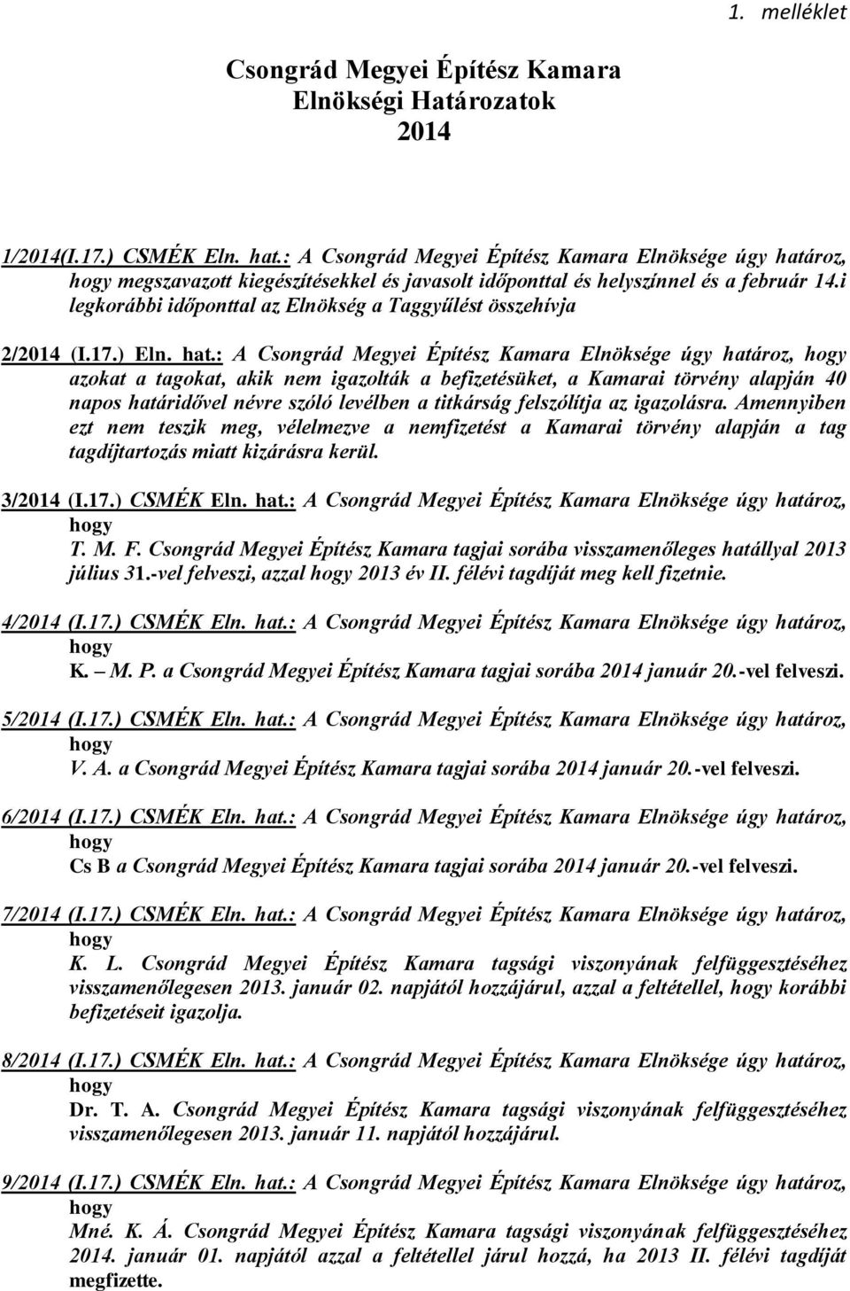 i legkorábbi időponttal az Elnökség a Taggyűlést összehívja 2/2014 (I.17.) Eln. hat.