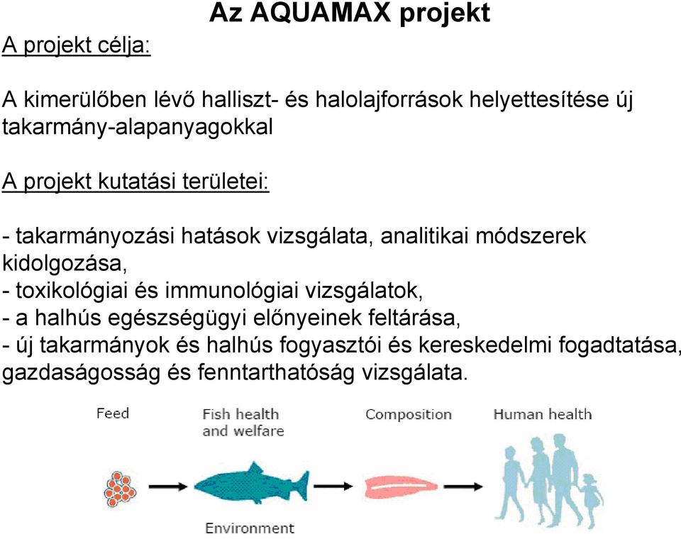 módszerek kidolgozása, - toxikológiai és immunológiai vizsgálatok, - a halhús egészségügyi előnyeinek