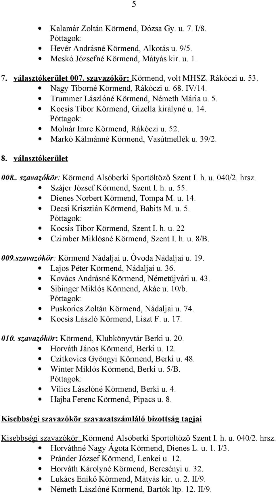 Markó Kálmánné Körmend, Vasútmellék u. 39/2. 8. választókerület 008.. szavazókör: Körmend Alsóberki Sportöltöző Szent I. h. u. 040/2. hrsz. Szájer József Körmend, Szent I. h. u. 55.