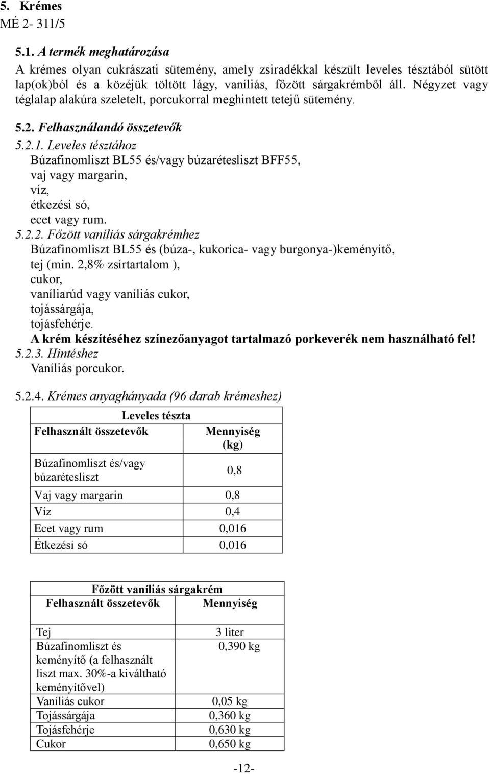 Négyzet vagy téglalap alakúra szeletelt, porcukorral meghintett tetejű sütemény. 5.2. Felhasználandó összetevők 5.2.1.