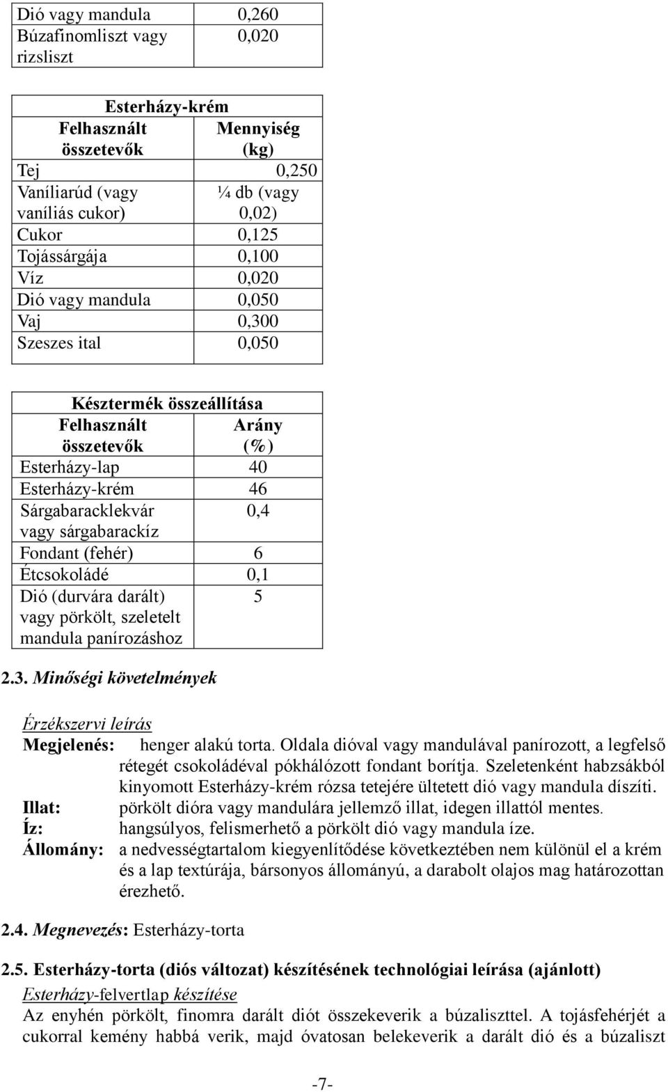 Fondant (fehér) 6 Étcsokoládé 0,1 Dió (durvára darált) 5 vagy pörkölt, szeletelt mandula panírozáshoz 2.3. Minőségi követelmények Érzékszervi leírás Megjelenés: henger alakú torta.