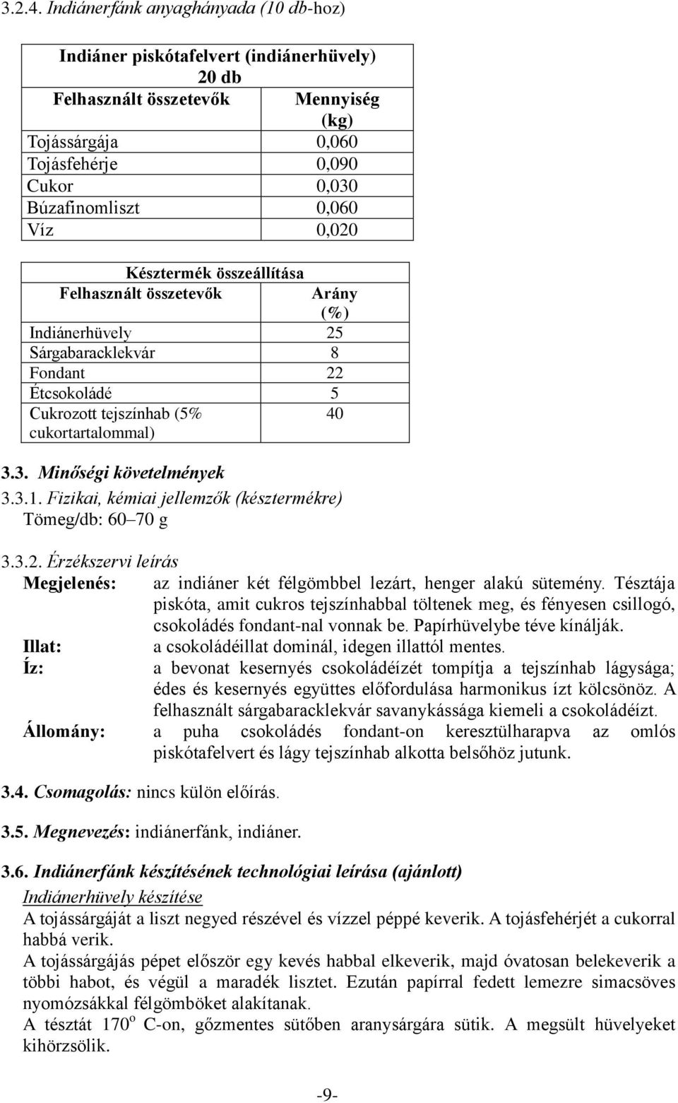 Késztermék összeállítása Felhasznált összetevők Arány (%) Indiánerhüvely 25 Sárgabaracklekvár 8 Fondant 22 Étcsokoládé 5 Cukrozott tejszínhab (5% cukortartalommal) 3.3. Minőségi követelmények 3.3.1.